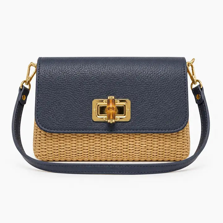 LEATHER BAMBOO CLASP & RAFFIA CROSSBODY BAG