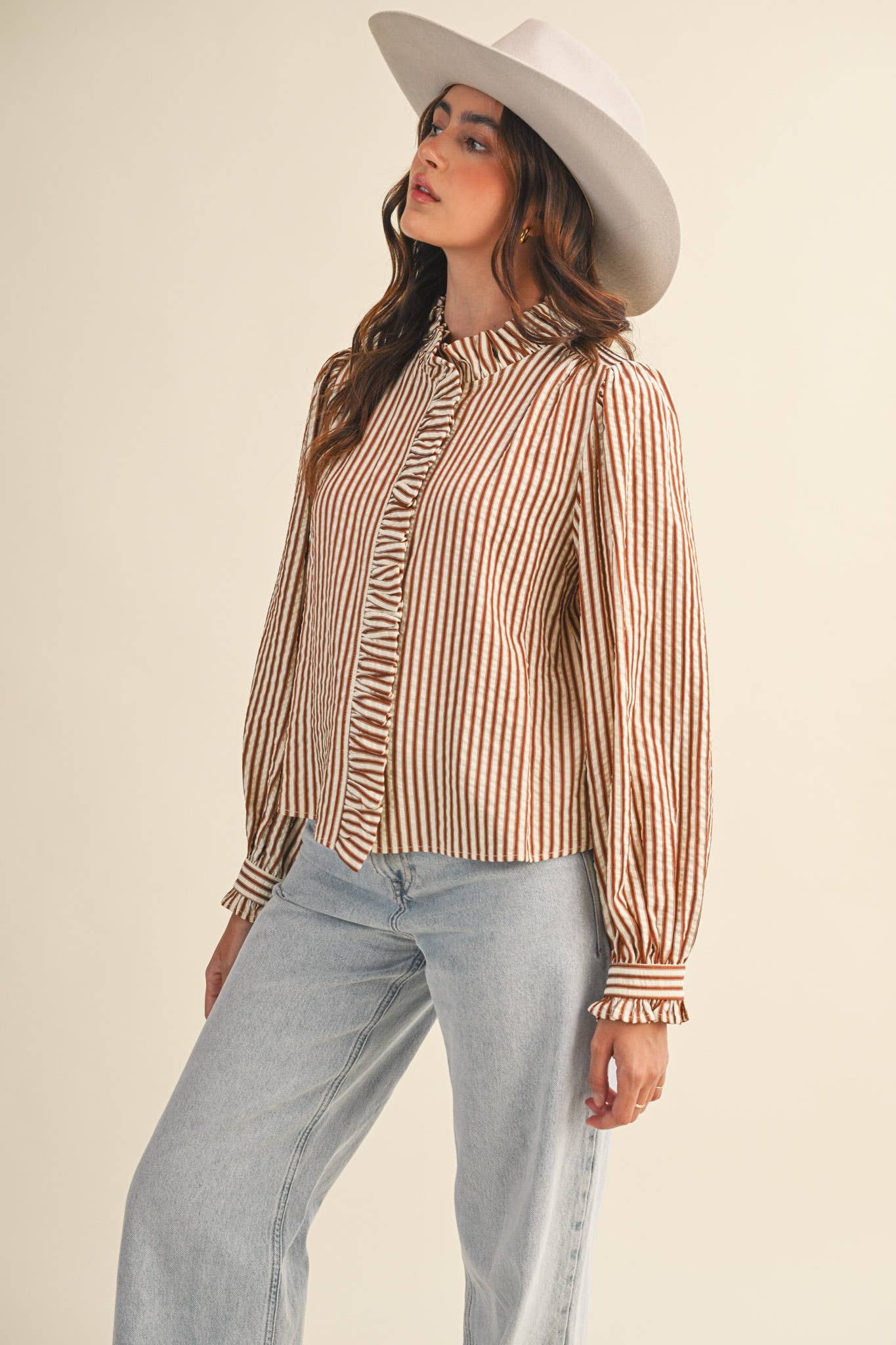 STRIPED RUFFLED BUTTON DOWN LONG SLEEVE TOP