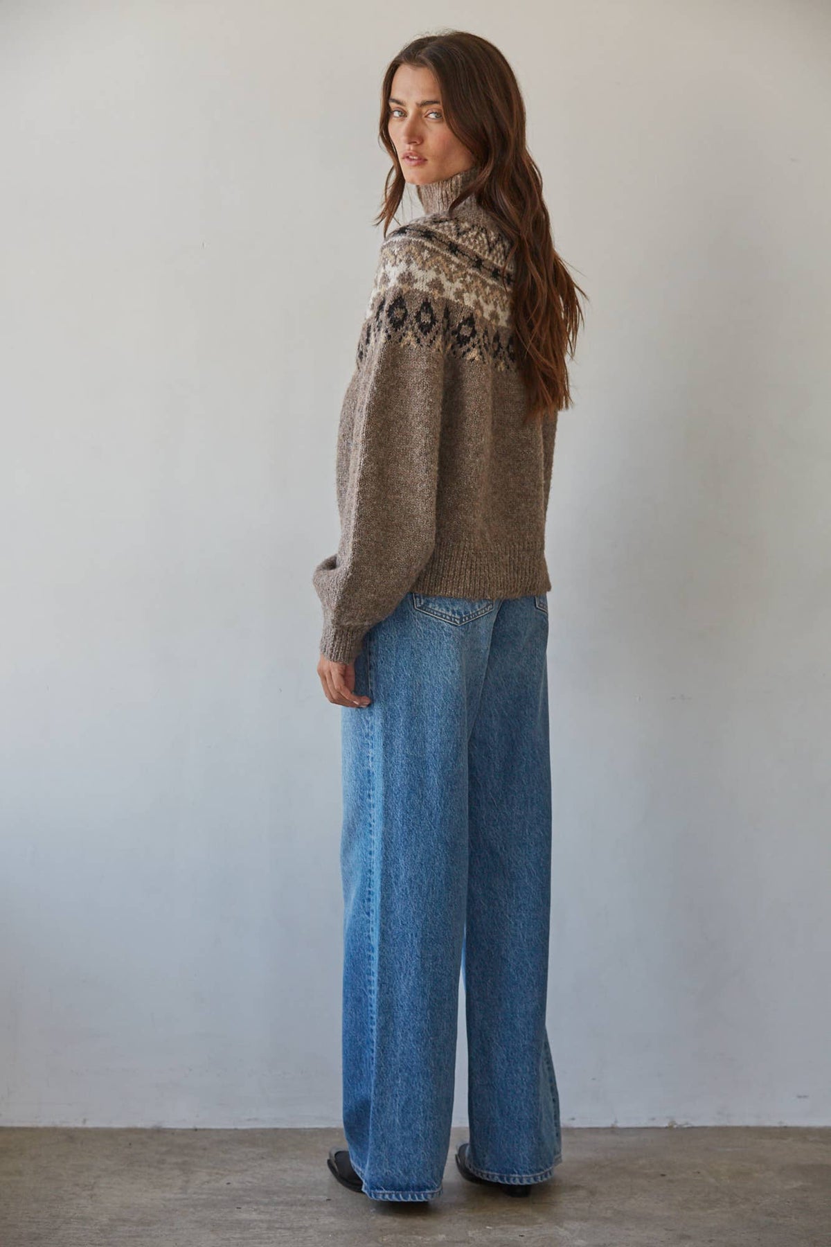 Knit Sweater Fair Isle Mock Neck Pullover - Brown / Gray