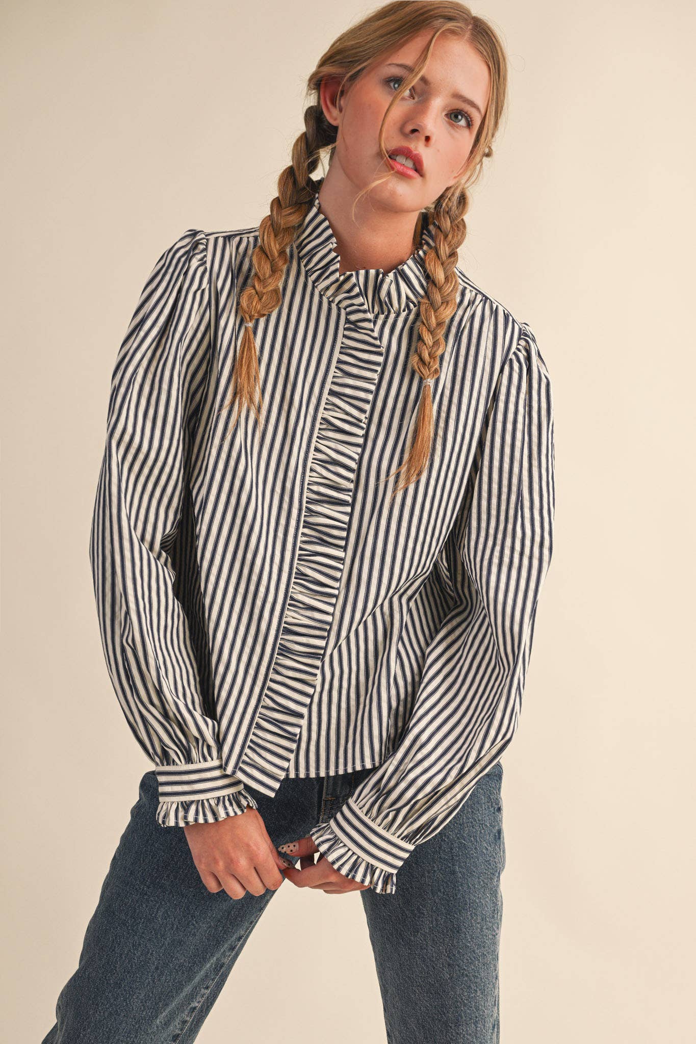 STRIPED RUFFLED BUTTON DOWN LONG SLEEVE TOP