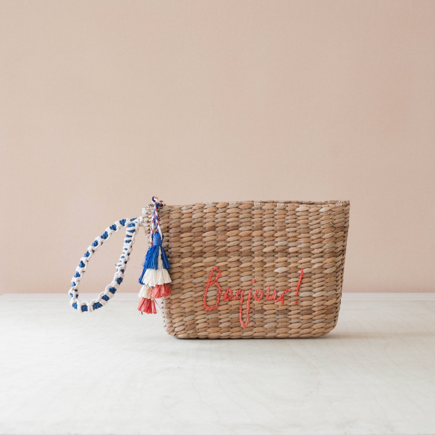 Mini Woven Pouch with Wristlet and Embroidered Bonjour