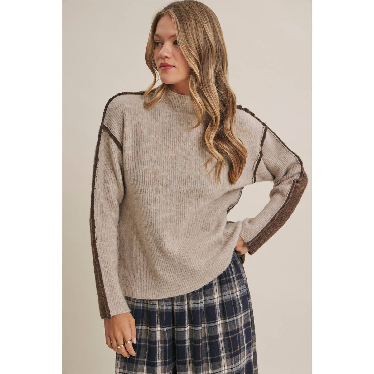 FIRST FROST COLOR BLOCK MOCK NECK WOOL BLEND SWEATER