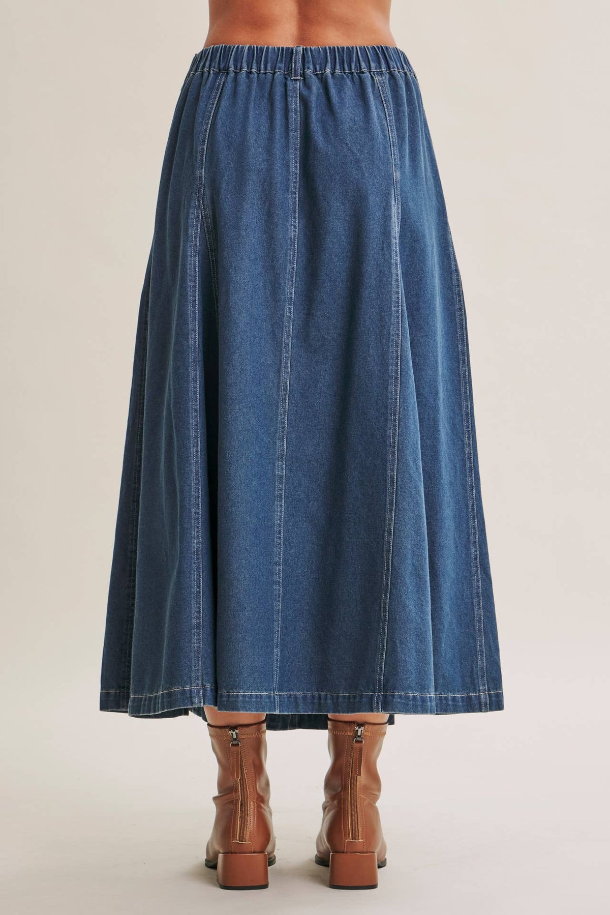 VINTAGE WASH BUTTON-FRONT PANEL DENIM A-LINE MIDI SKIRT