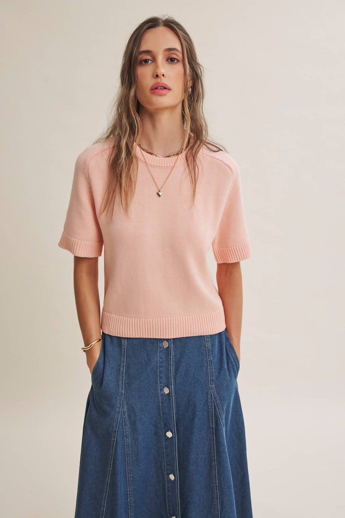 VINTAGE WASH BUTTON-FRONT PANEL DENIM A-LINE MIDI SKIRT