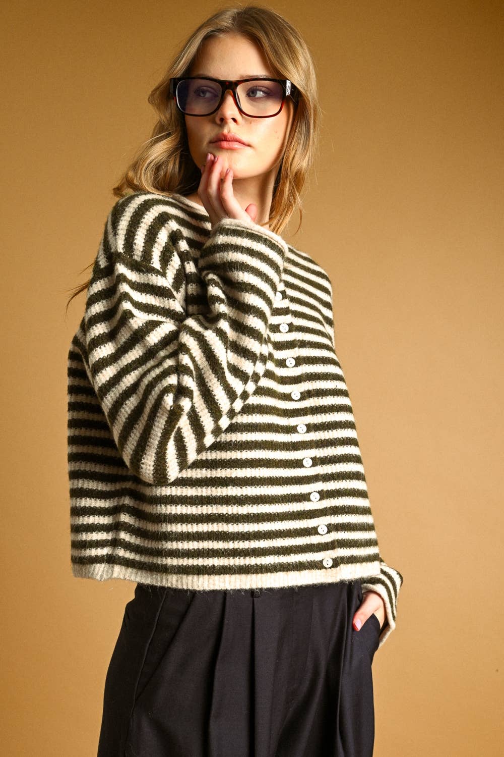 STRIPED BUTTON FRONT SWEATER CARDIGAN