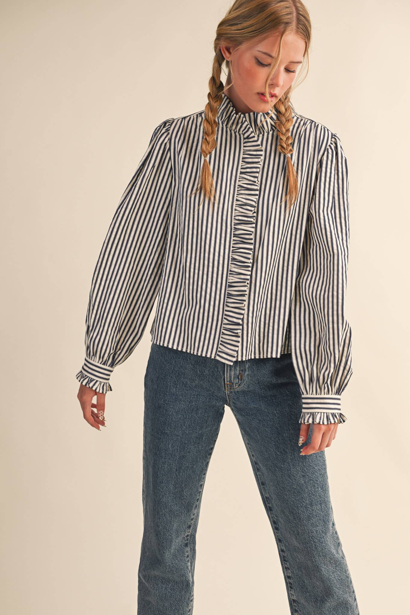 STRIPED RUFFLED BUTTON DOWN LONG SLEEVE TOP