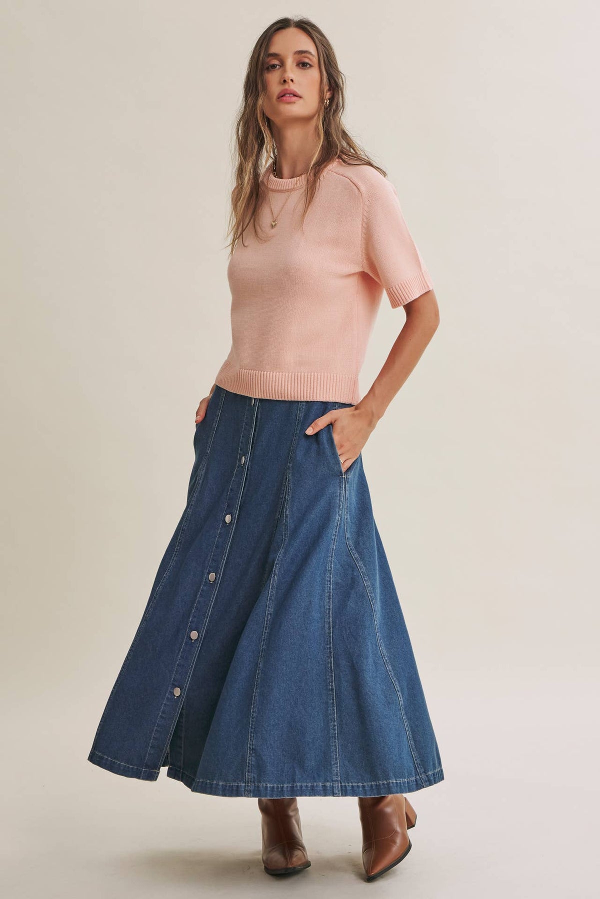 VINTAGE WASH BUTTON-FRONT PANEL DENIM A-LINE MIDI SKIRT