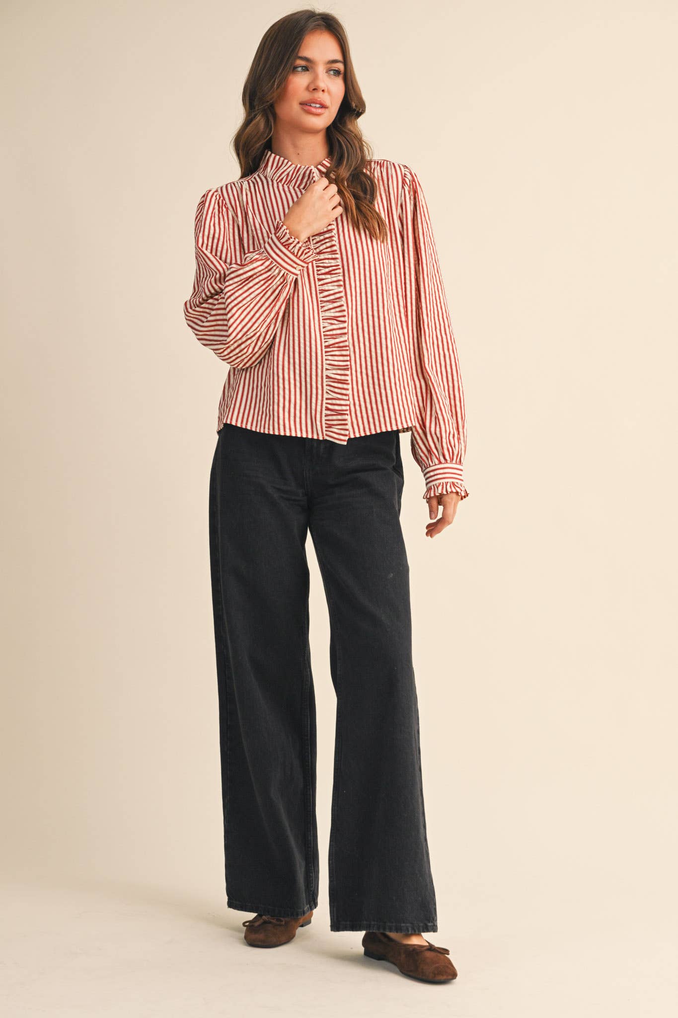 STRIPED RUFFLED BUTTON DOWN LONG SLEEVE TOP