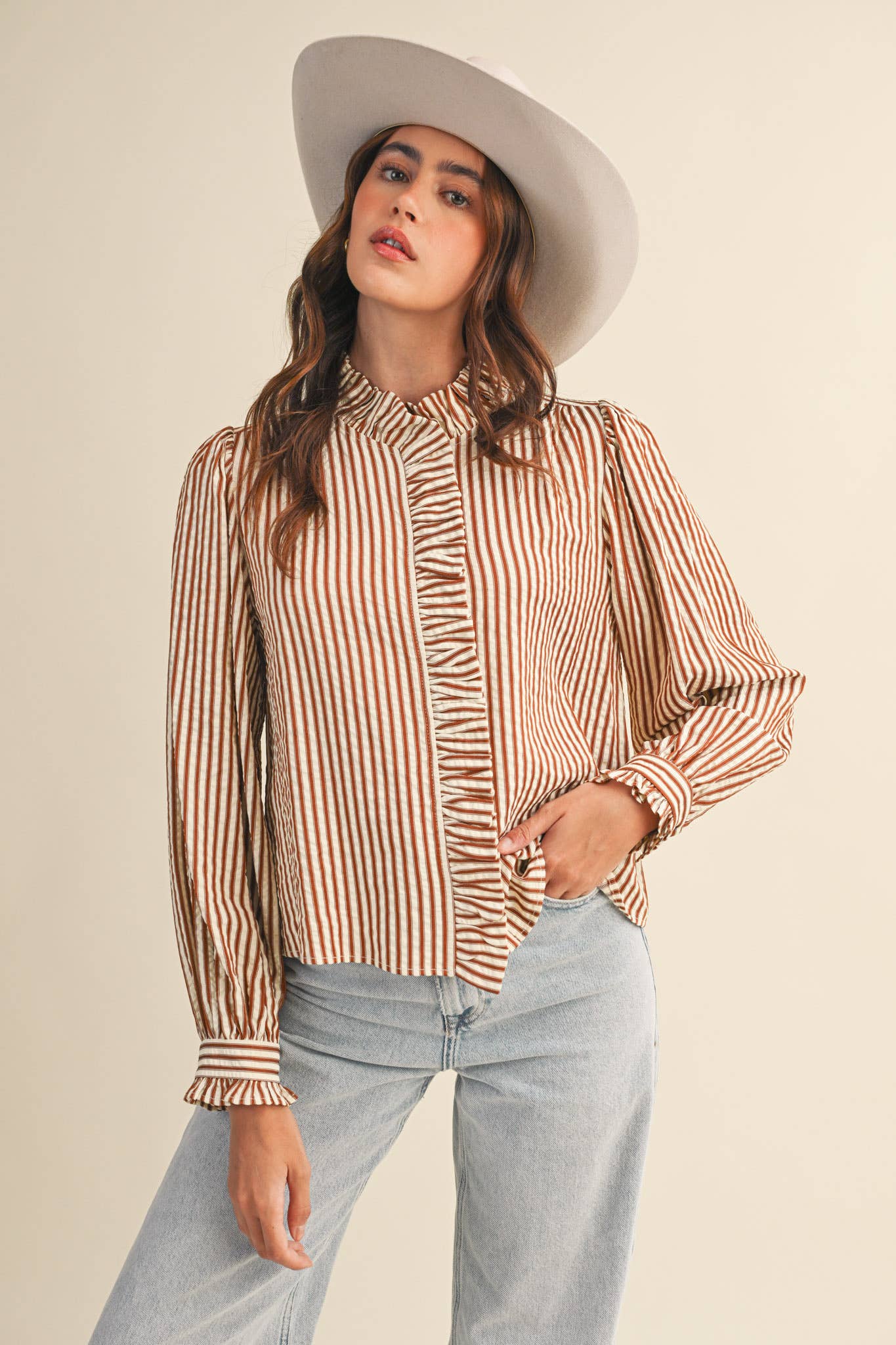 STRIPED RUFFLED BUTTON DOWN LONG SLEEVE TOP