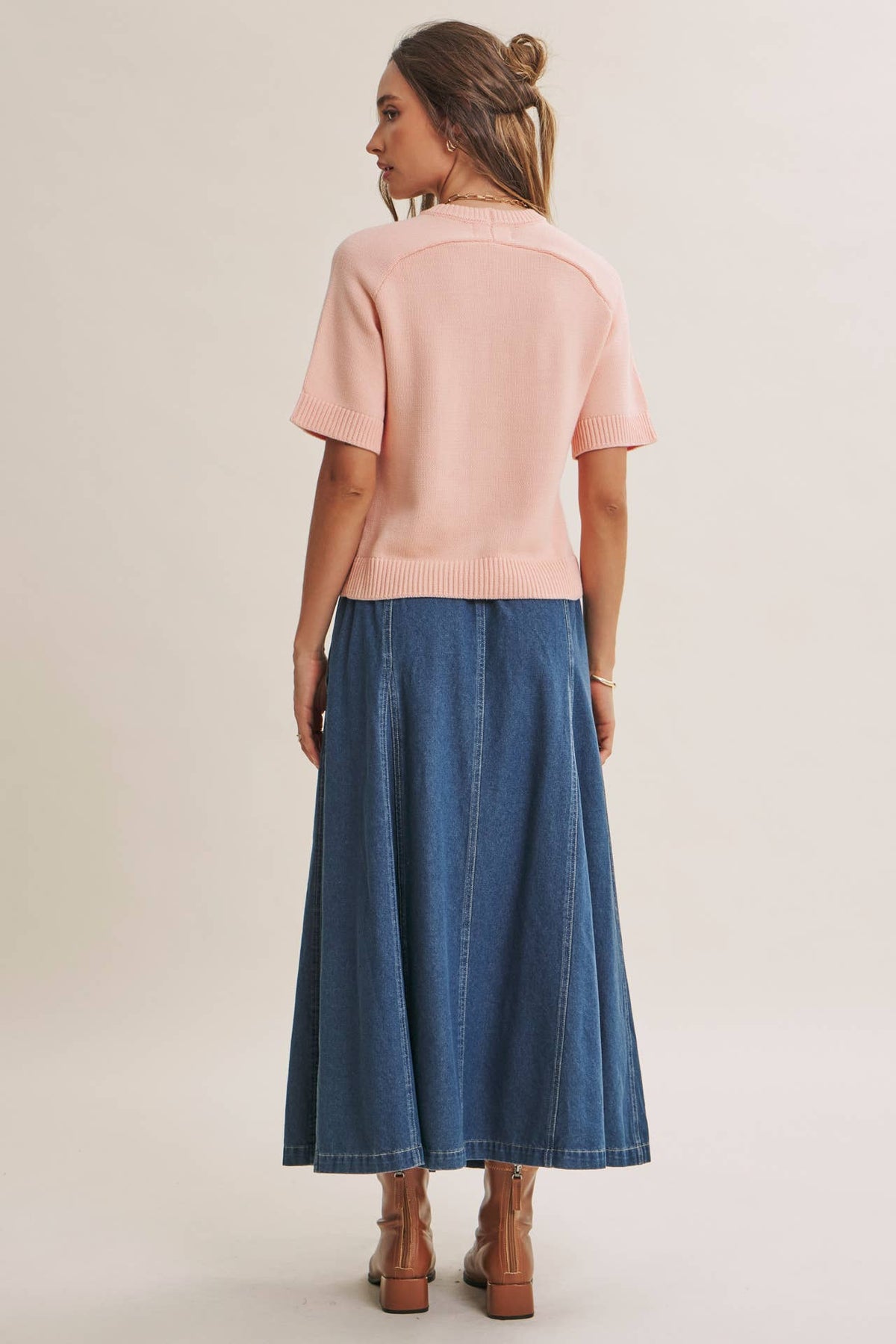 VINTAGE WASH BUTTON-FRONT PANEL DENIM A-LINE MIDI SKIRT