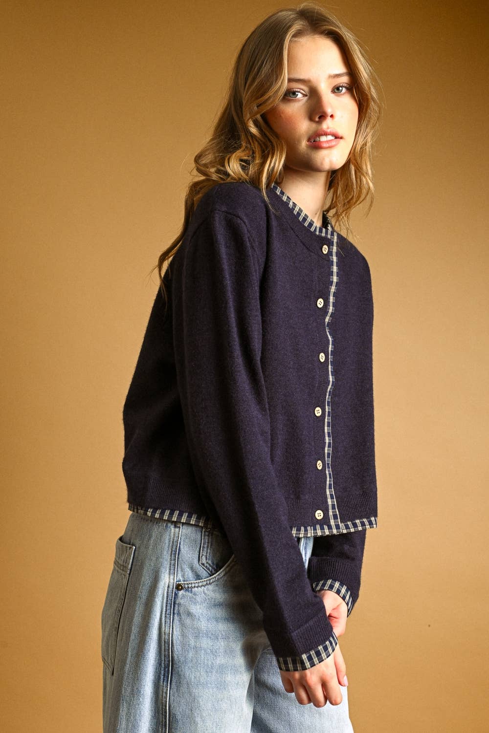 PLAID CONTRASTED BUTTON FRONT CARDIGAN
