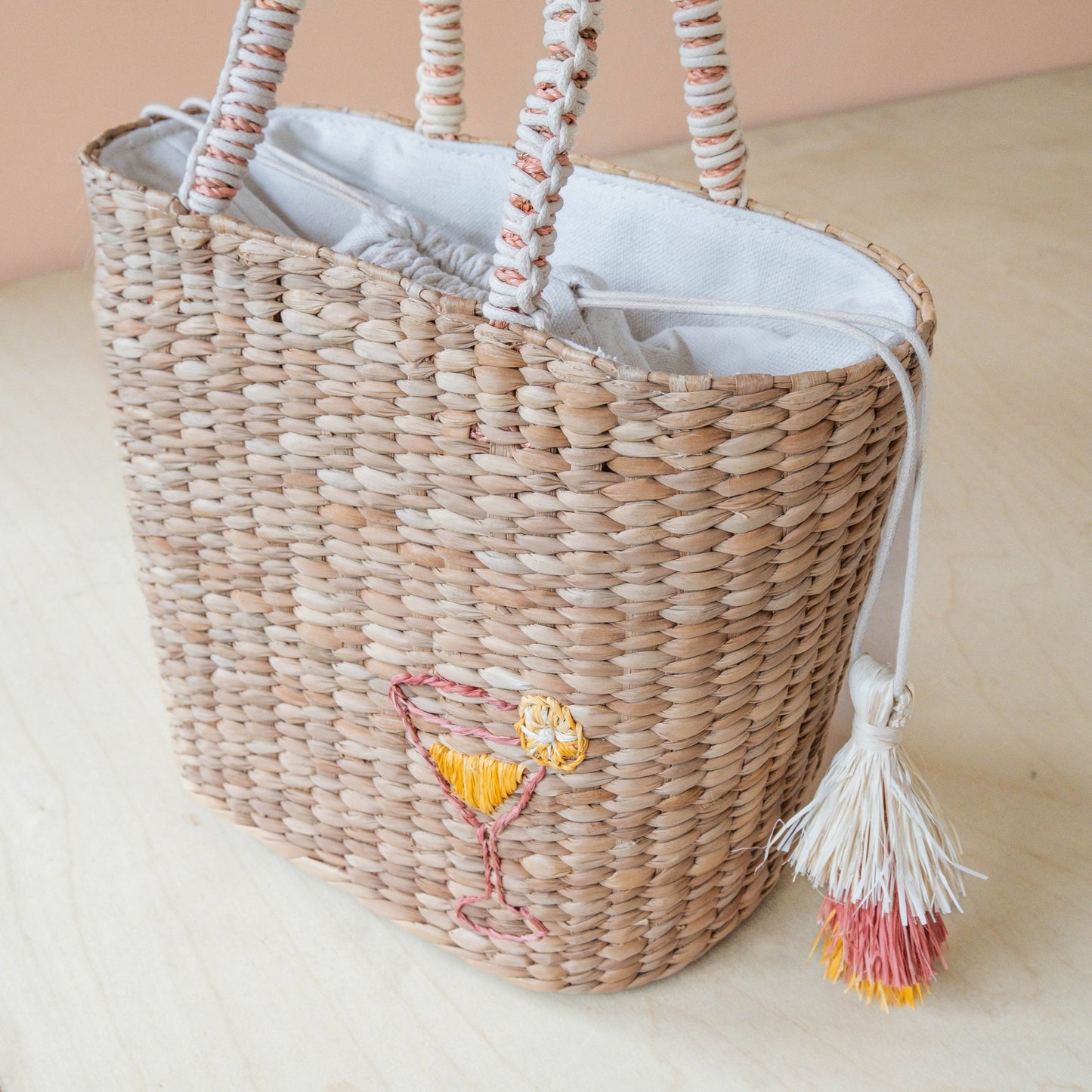 Mini Woven Tote Bag with Embroidered Cocktail – Handcrafted Straw Tote | LIKHÂ