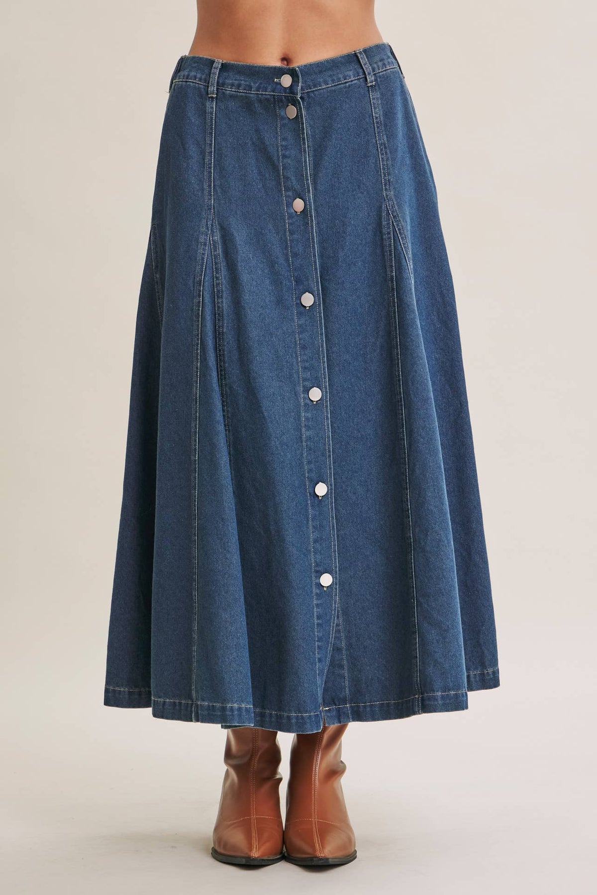 VINTAGE WASH BUTTON-FRONT PANEL DENIM A-LINE MIDI SKIRT