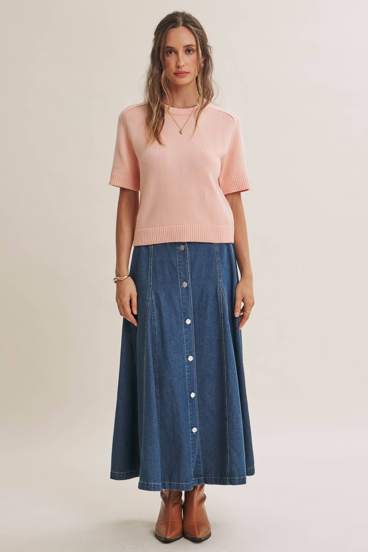 VINTAGE WASH BUTTON-FRONT PANEL DENIM A-LINE MIDI SKIRT