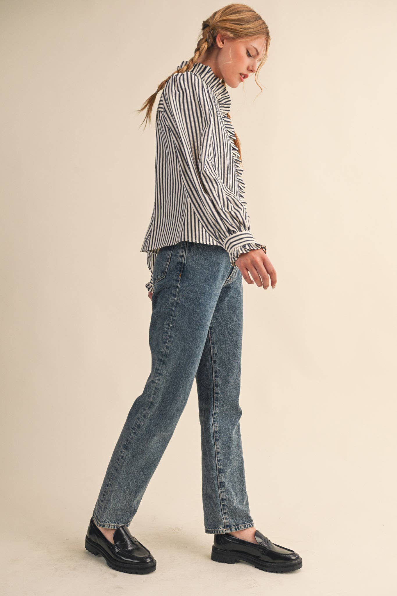 STRIPED RUFFLED BUTTON DOWN LONG SLEEVE TOP