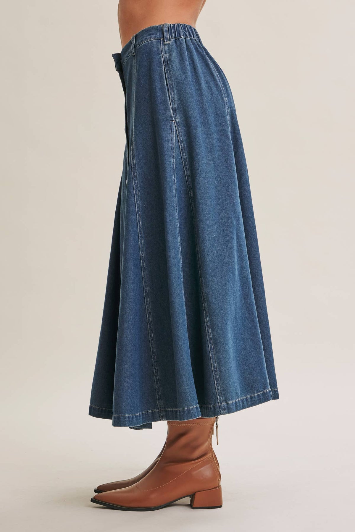VINTAGE WASH BUTTON-FRONT PANEL DENIM A-LINE MIDI SKIRT