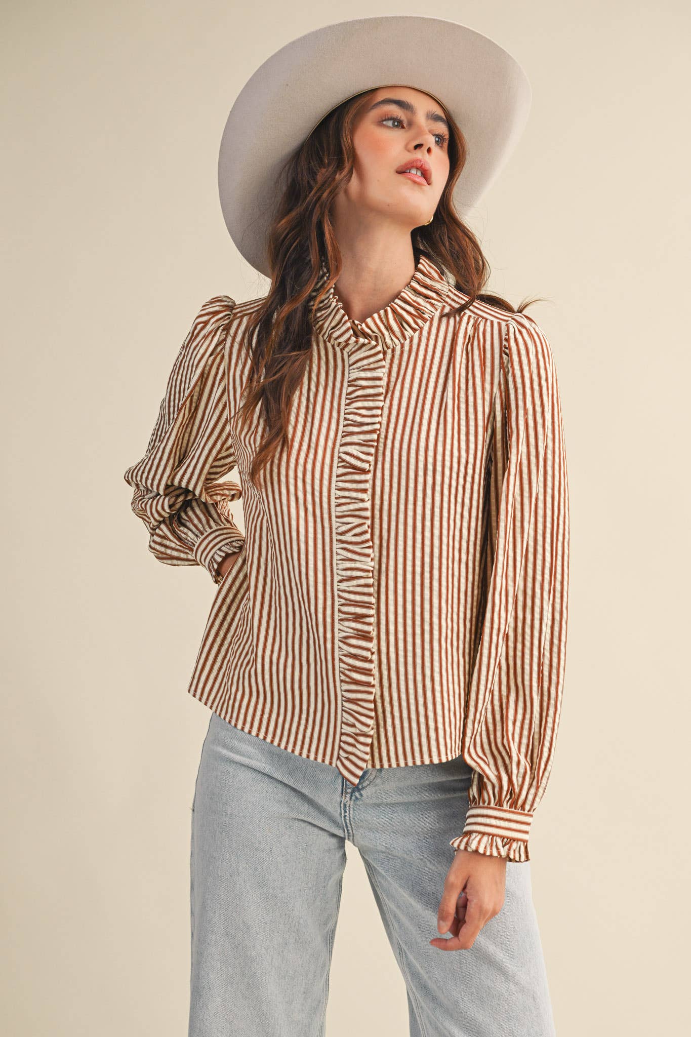 STRIPED RUFFLED BUTTON DOWN LONG SLEEVE TOP