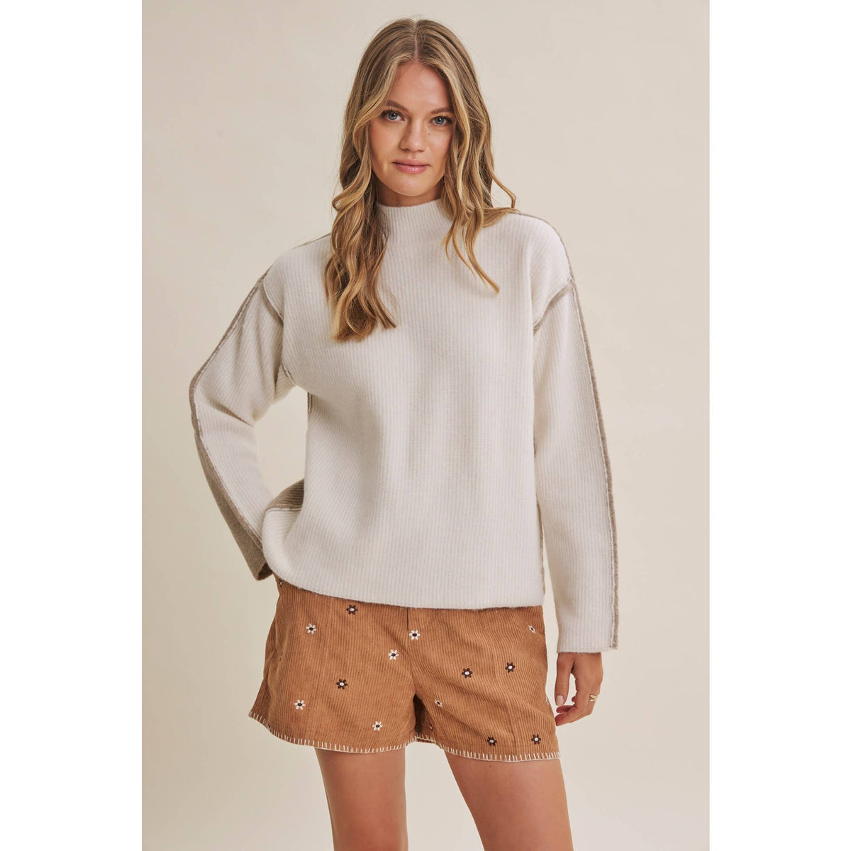 FIRST FROST COLOR BLOCK MOCK NECK WOOL BLEND SWEATER