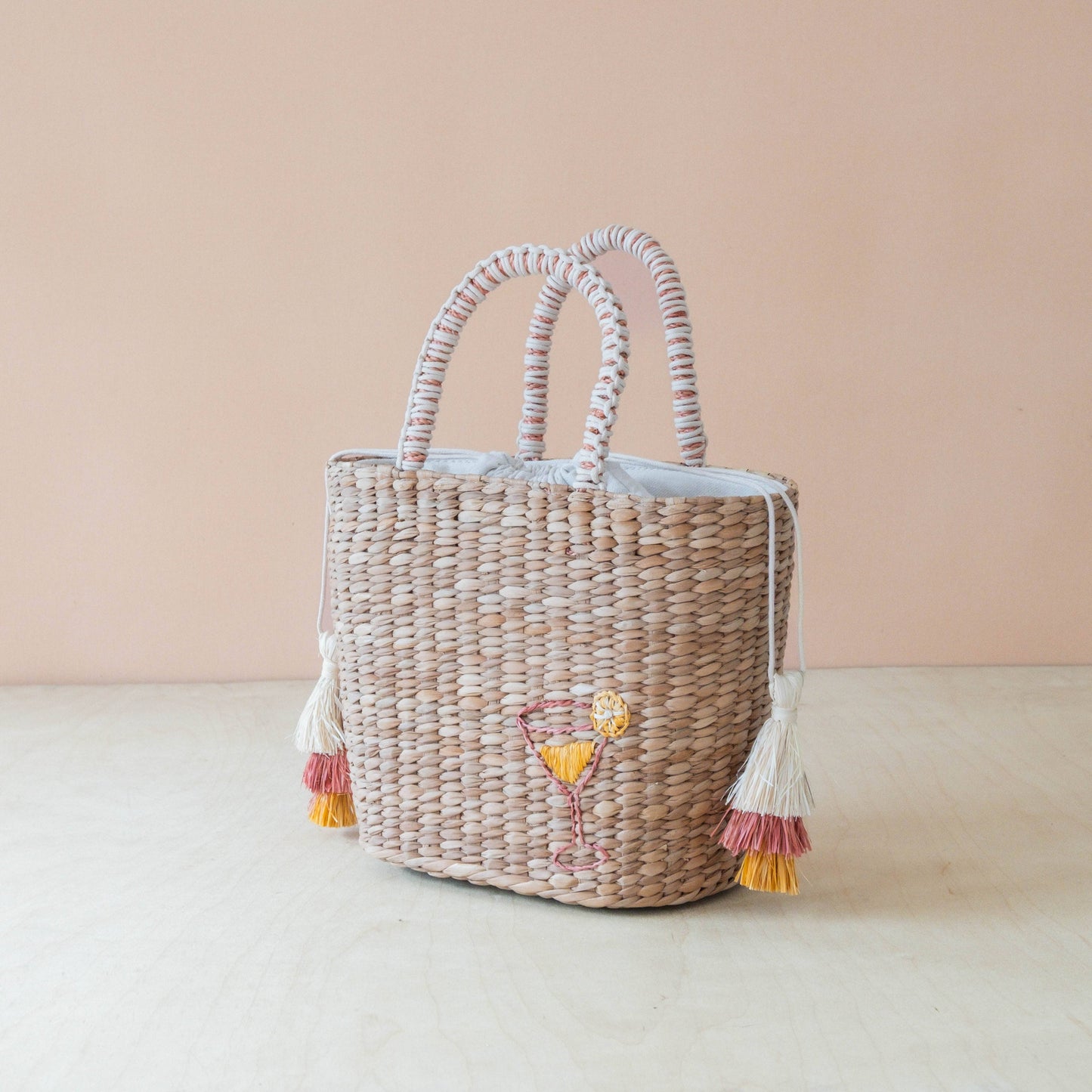 Mini Woven Tote Bag with Embroidered Cocktail – Handcrafted Straw Tote | LIKHÂ