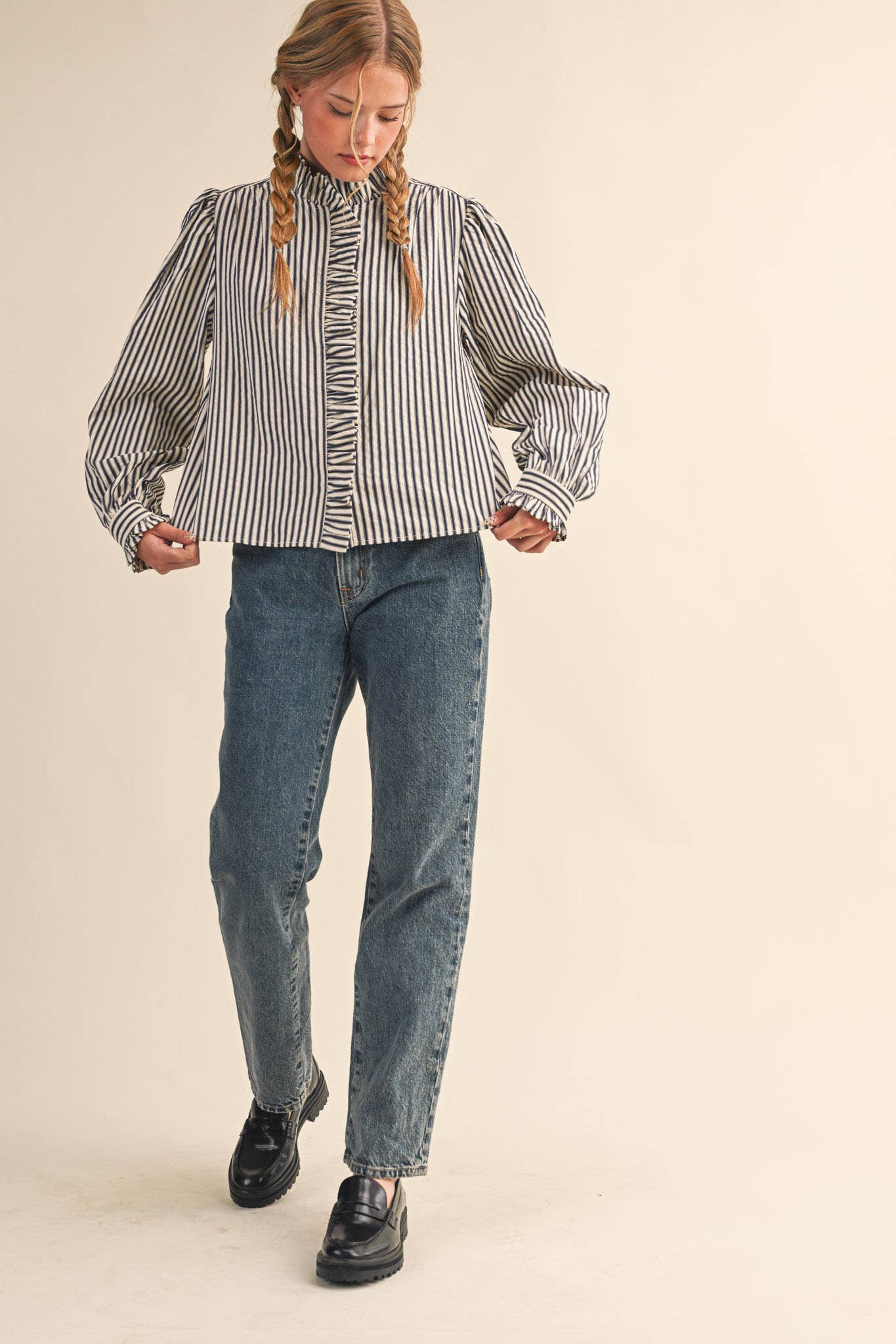 STRIPED RUFFLED BUTTON DOWN LONG SLEEVE TOP