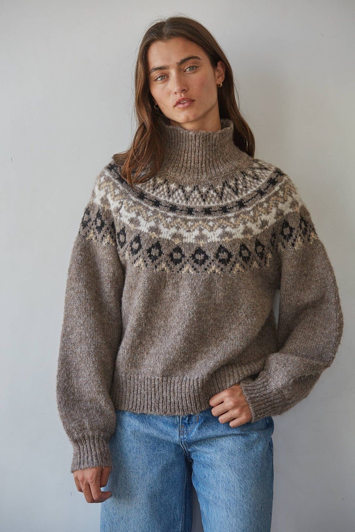 Knit Sweater Fair Isle Mock Neck Pullover - Brown / Gray