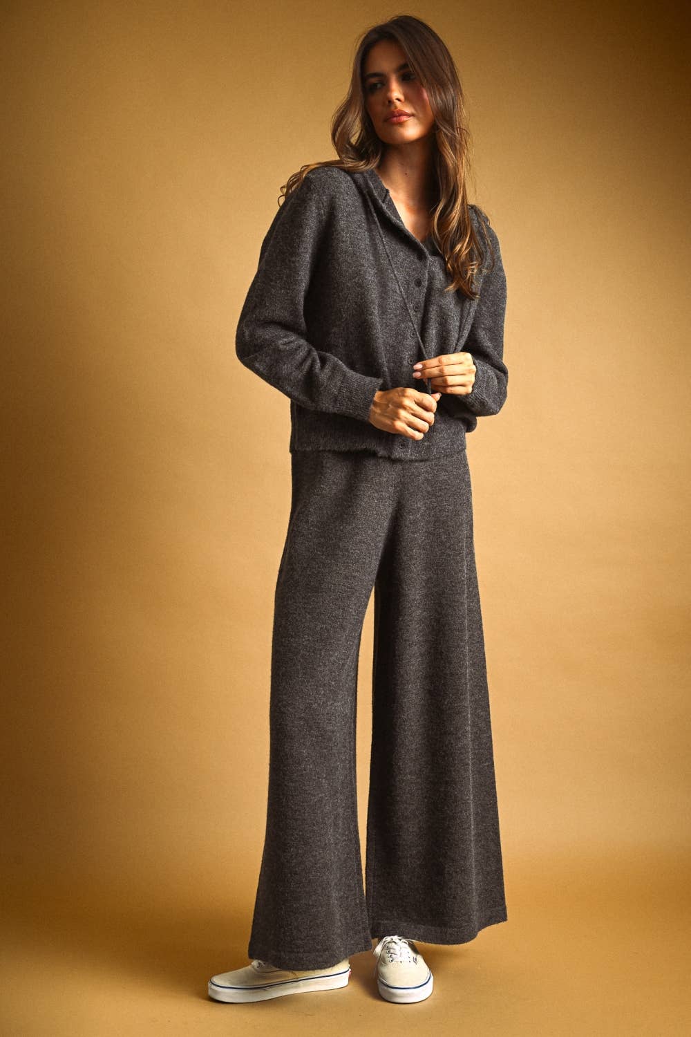 BUTTON FRONT SWEATER JACKET WITH HOOD