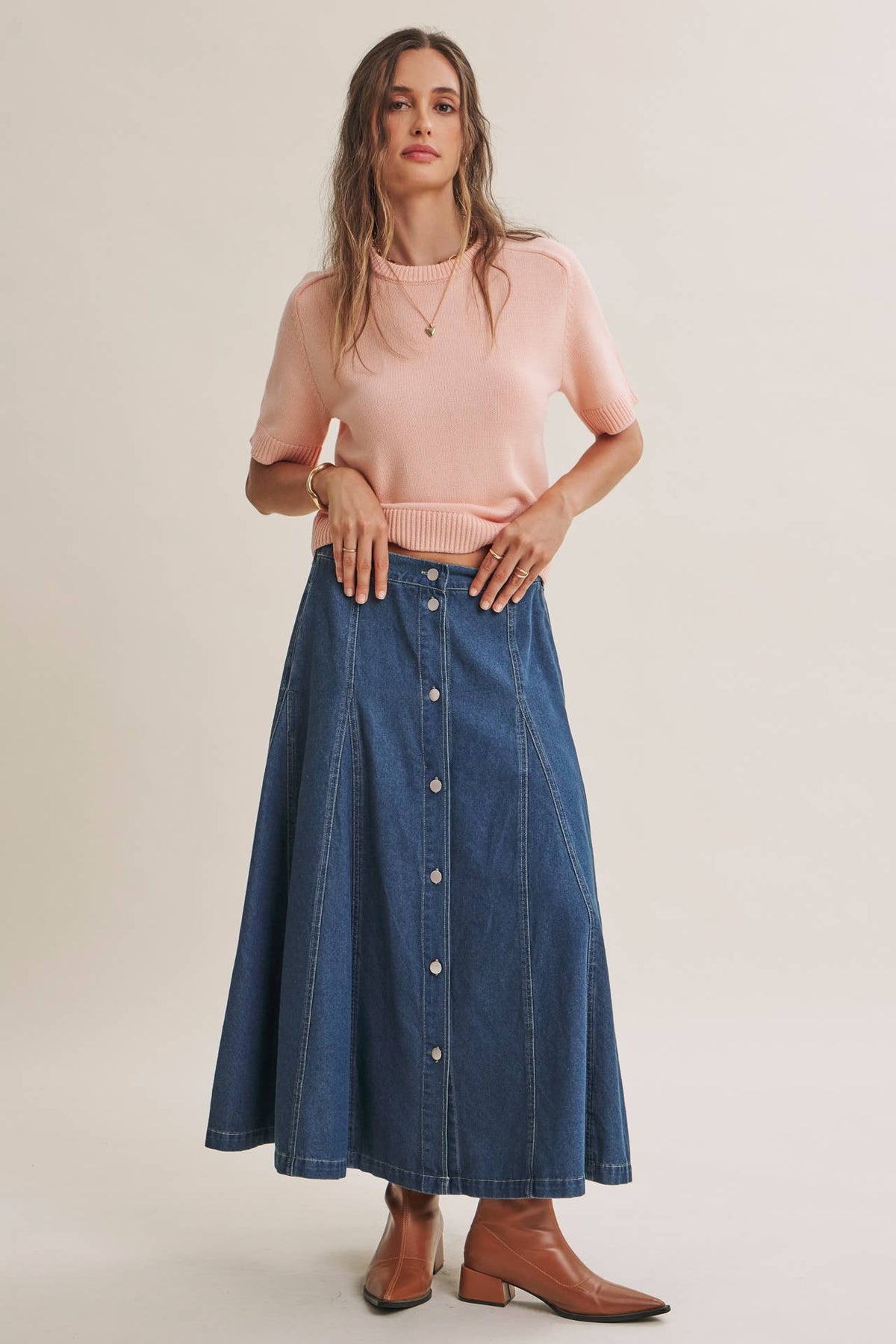 VINTAGE WASH BUTTON-FRONT PANEL DENIM A-LINE MIDI SKIRT