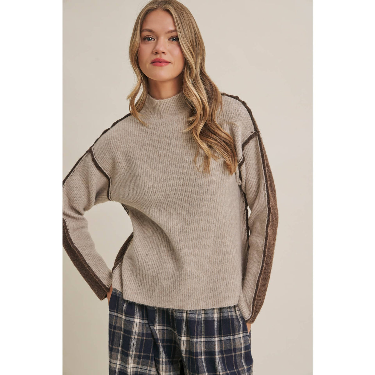 FIRST FROST COLOR BLOCK MOCK NECK WOOL BLEND SWEATER