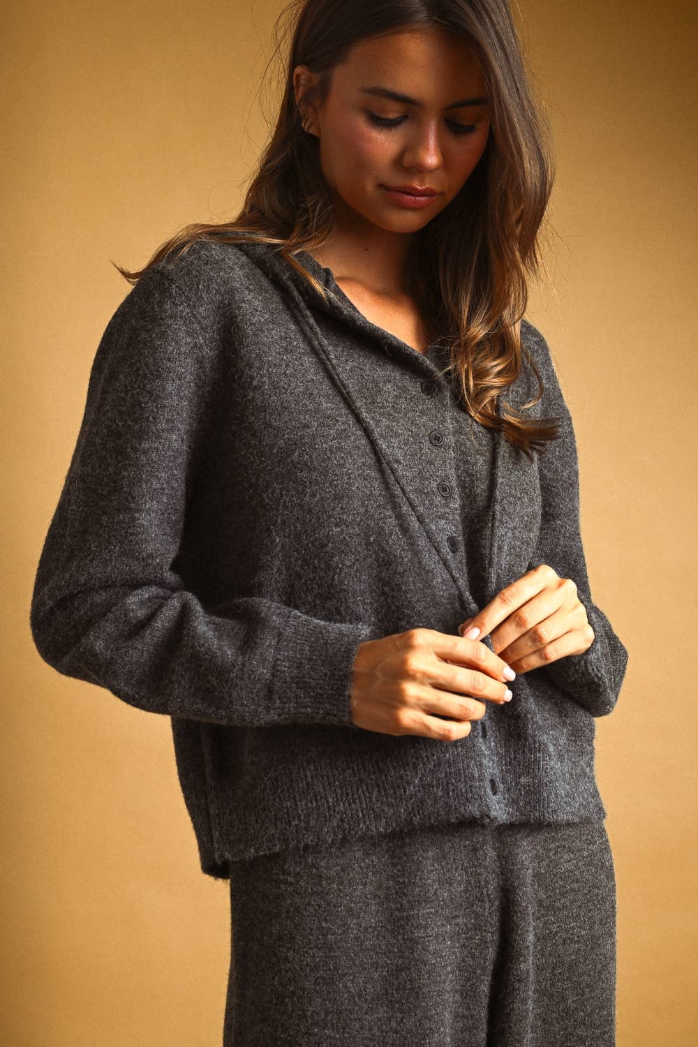 BUTTON FRONT SWEATER JACKET WITH HOOD