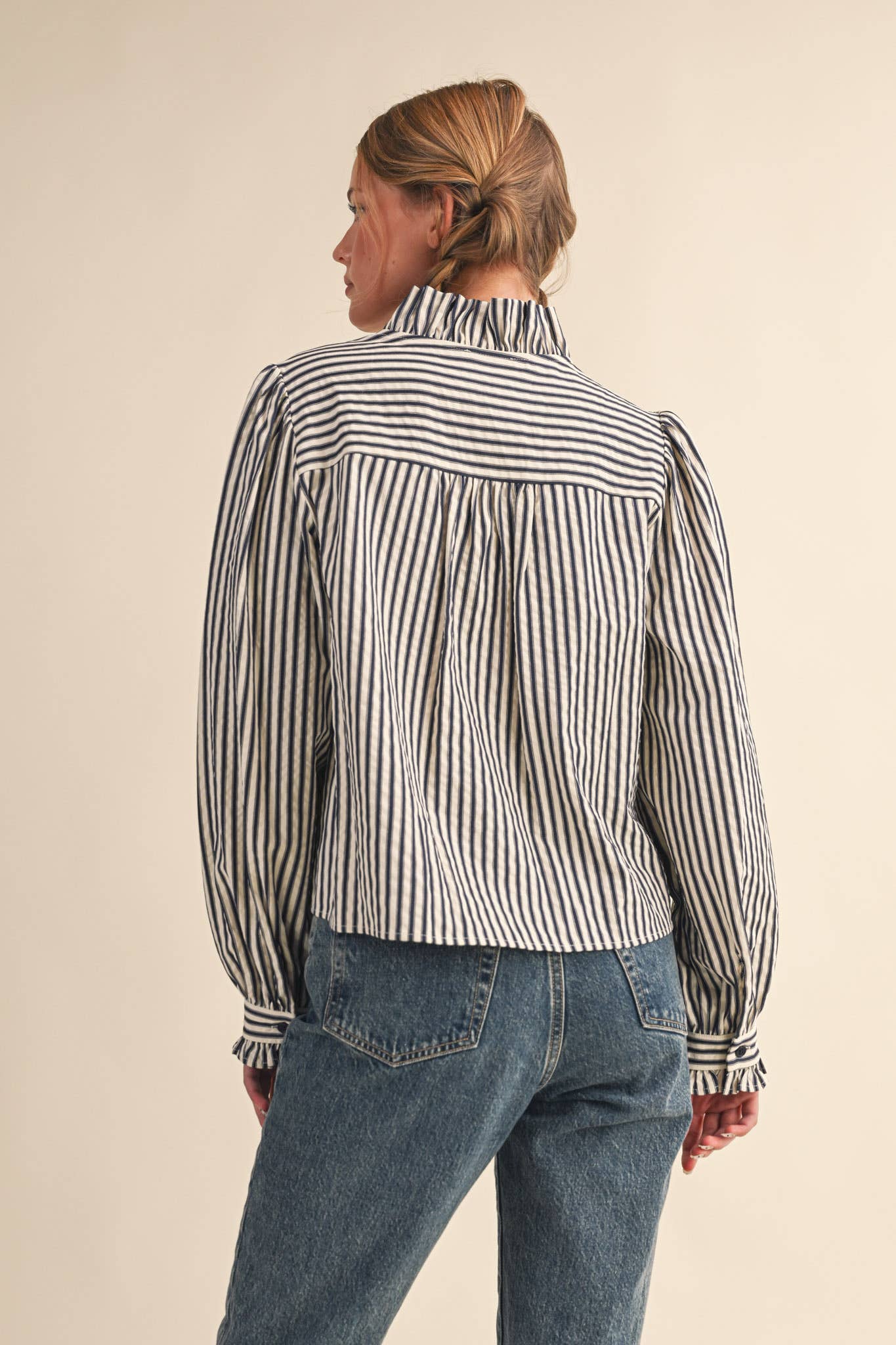STRIPED RUFFLED BUTTON DOWN LONG SLEEVE TOP