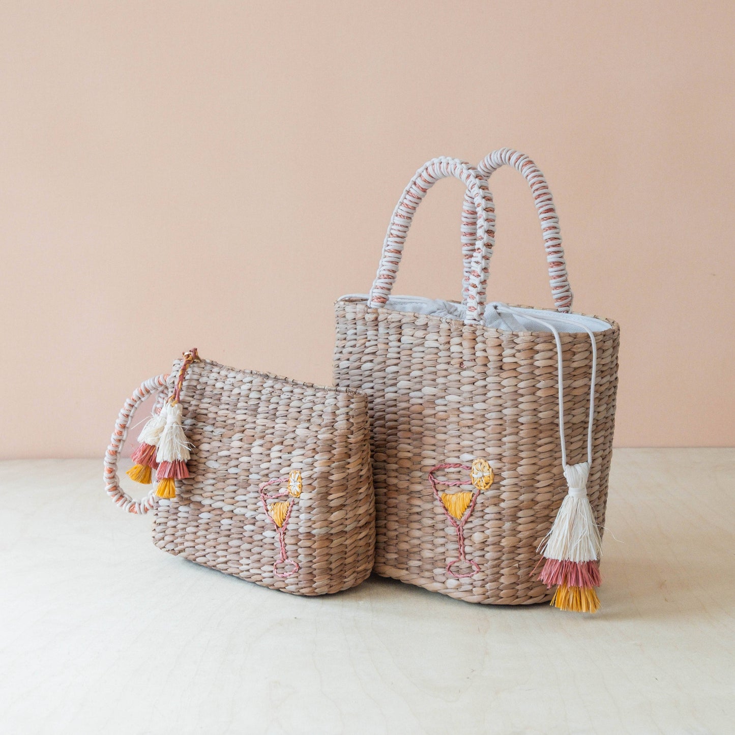 Mini Woven Tote Bag with Embroidered Cocktail – Handcrafted Straw Tote | LIKHÂ