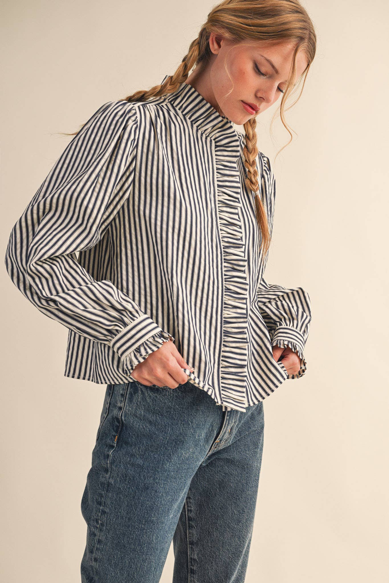 STRIPED RUFFLED BUTTON DOWN LONG SLEEVE TOP