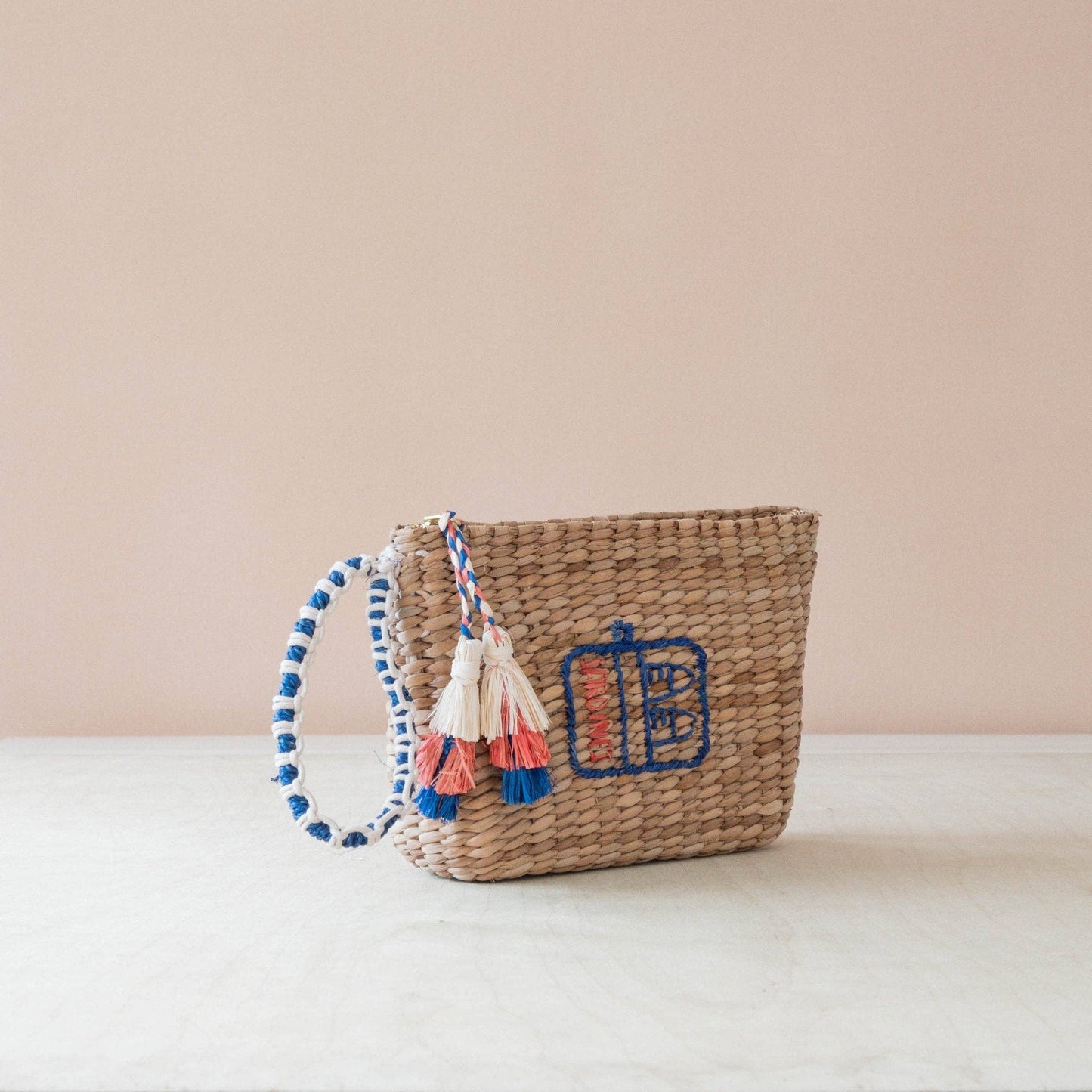 Mini Woven Pouch with Wristlet and Embroidered Sardine Can