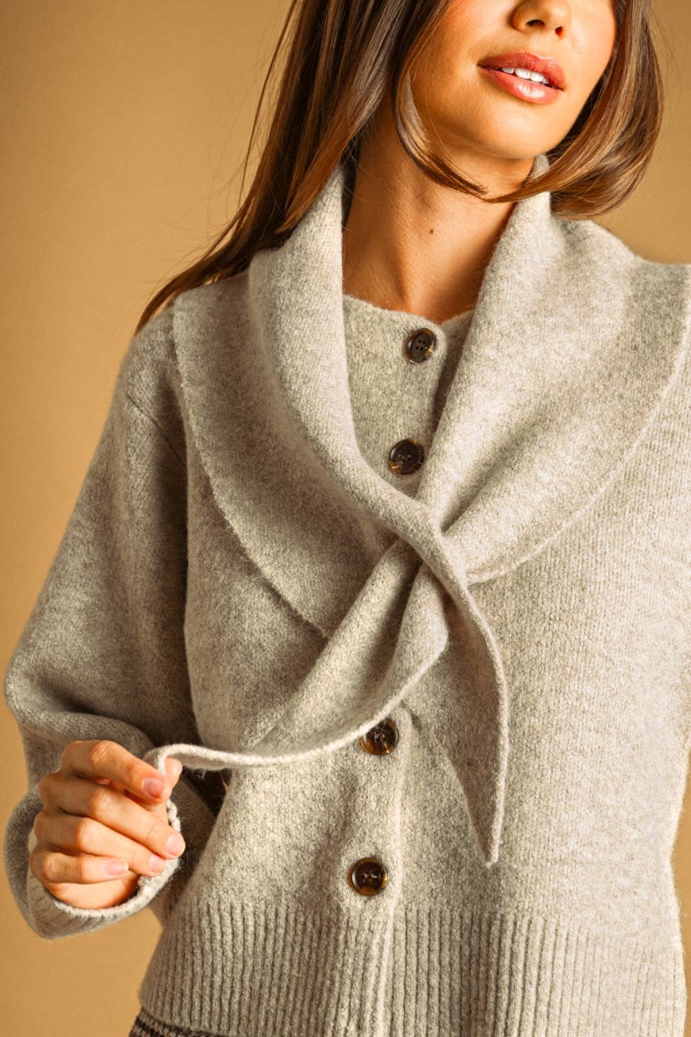 BUTTON FRONT SWEATER JACKET WITH TIED COLLAR