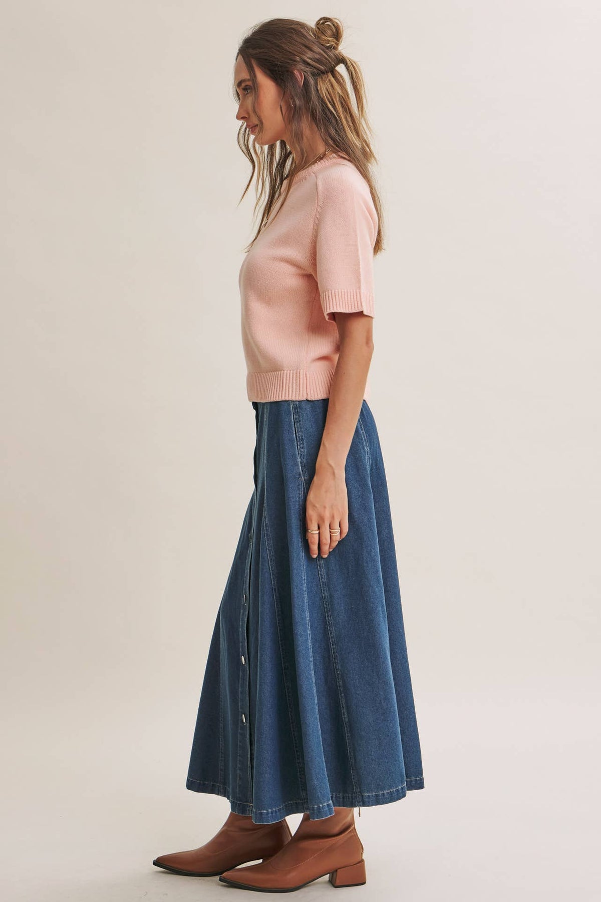 VINTAGE WASH BUTTON-FRONT PANEL DENIM A-LINE MIDI SKIRT