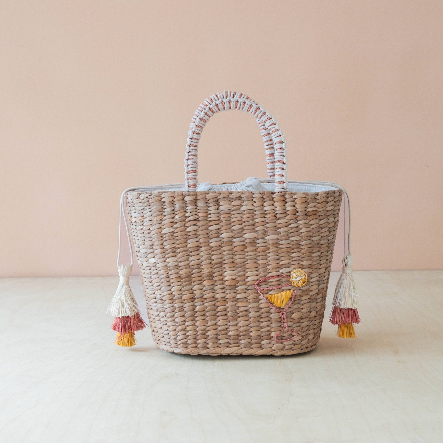 Mini Woven Tote Bag with Embroidered Cocktail – Handcrafted Straw Tote | LIKHÂ