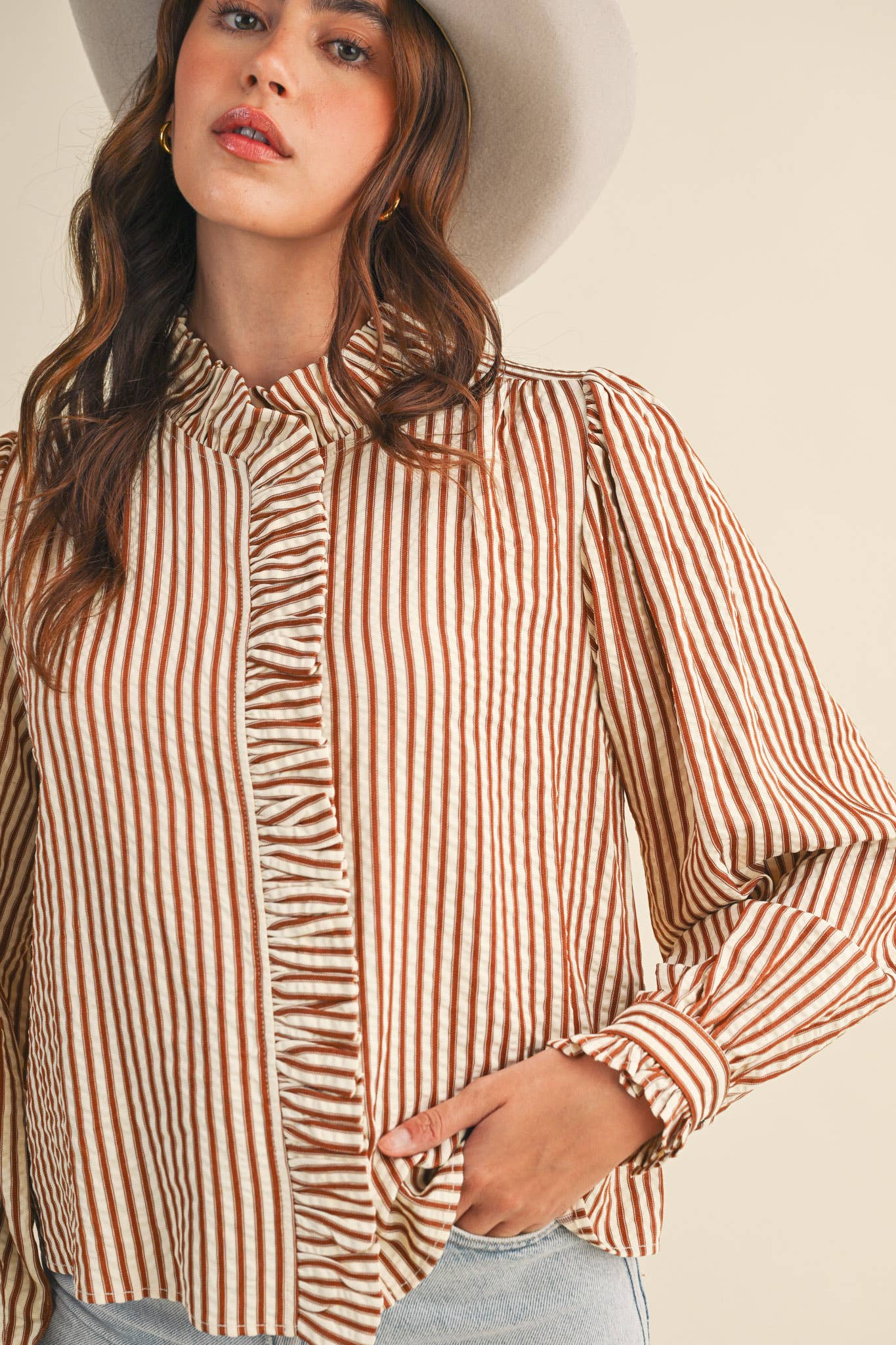 STRIPED RUFFLED BUTTON DOWN LONG SLEEVE TOP