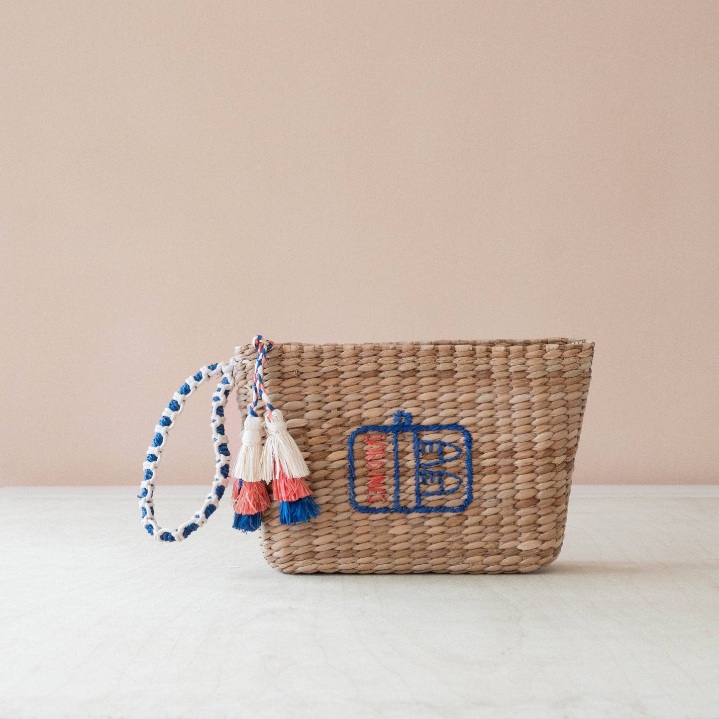 Mini Woven Pouch with Wristlet and Embroidered Sardine Can