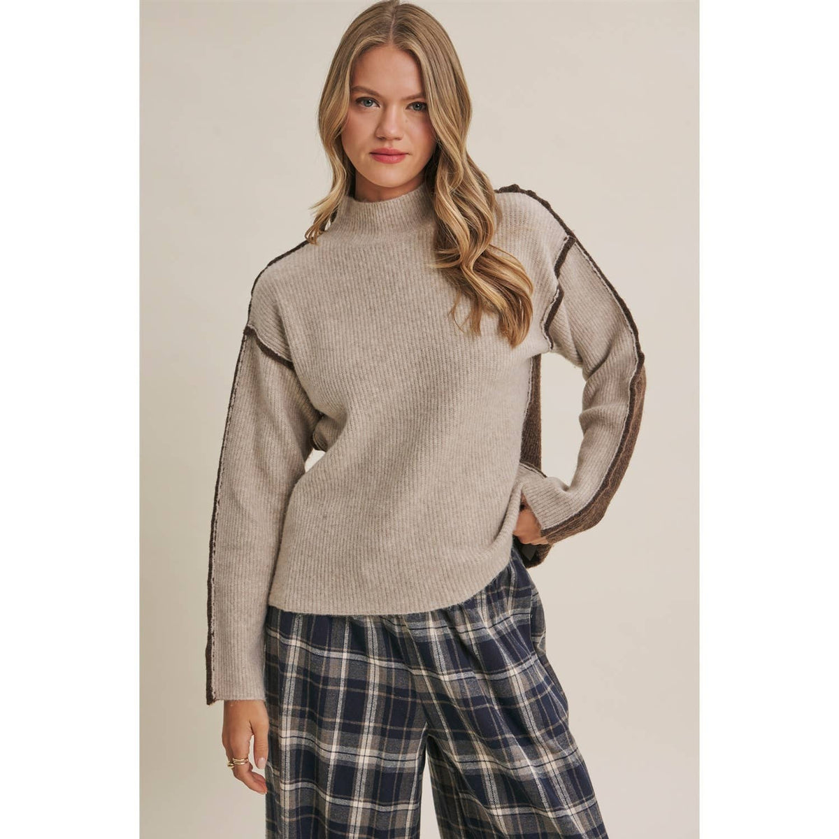 FIRST FROST COLOR BLOCK MOCK NECK WOOL BLEND SWEATER