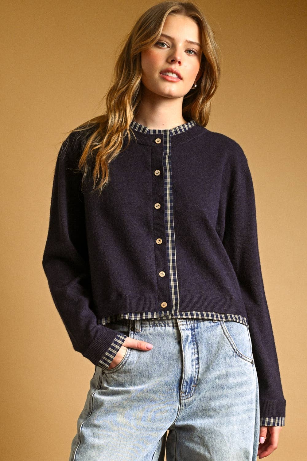 PLAID CONTRASTED BUTTON FRONT CARDIGAN