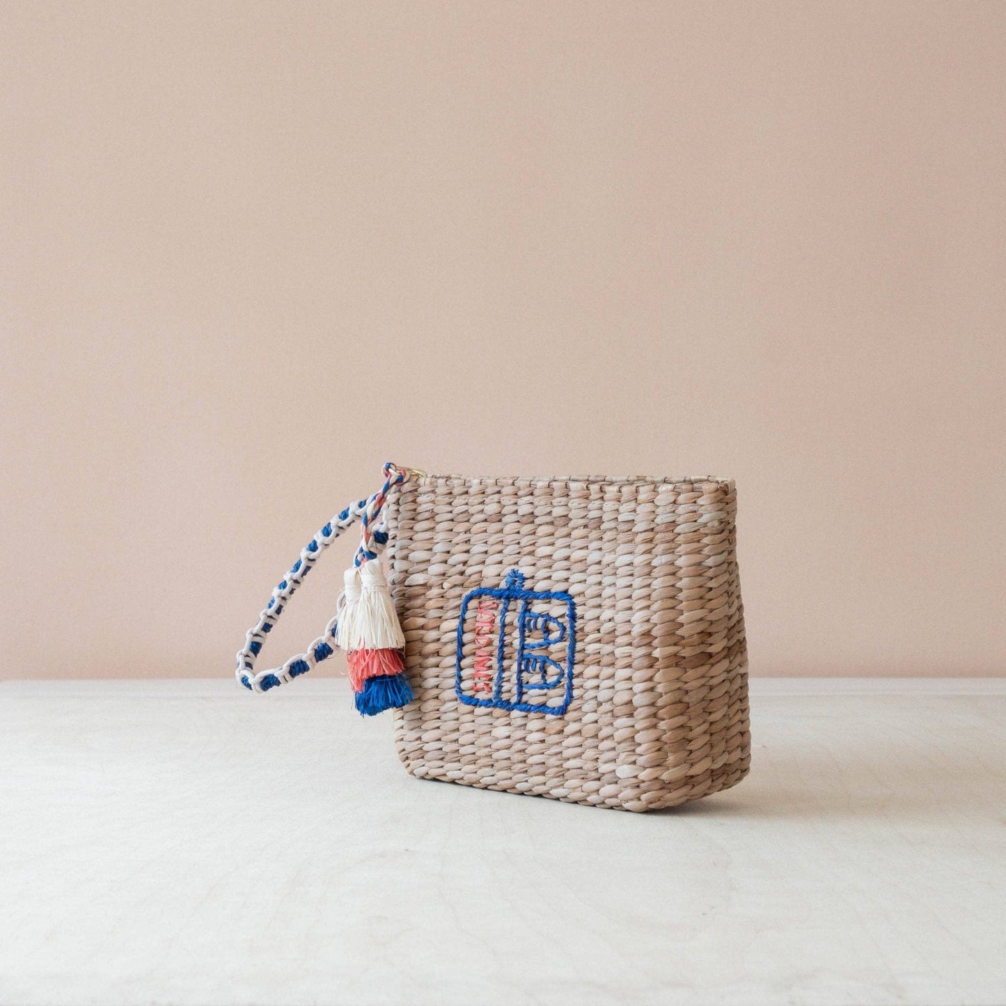 Mini Woven Pouch with Wristlet and Embroidered Sardine Can