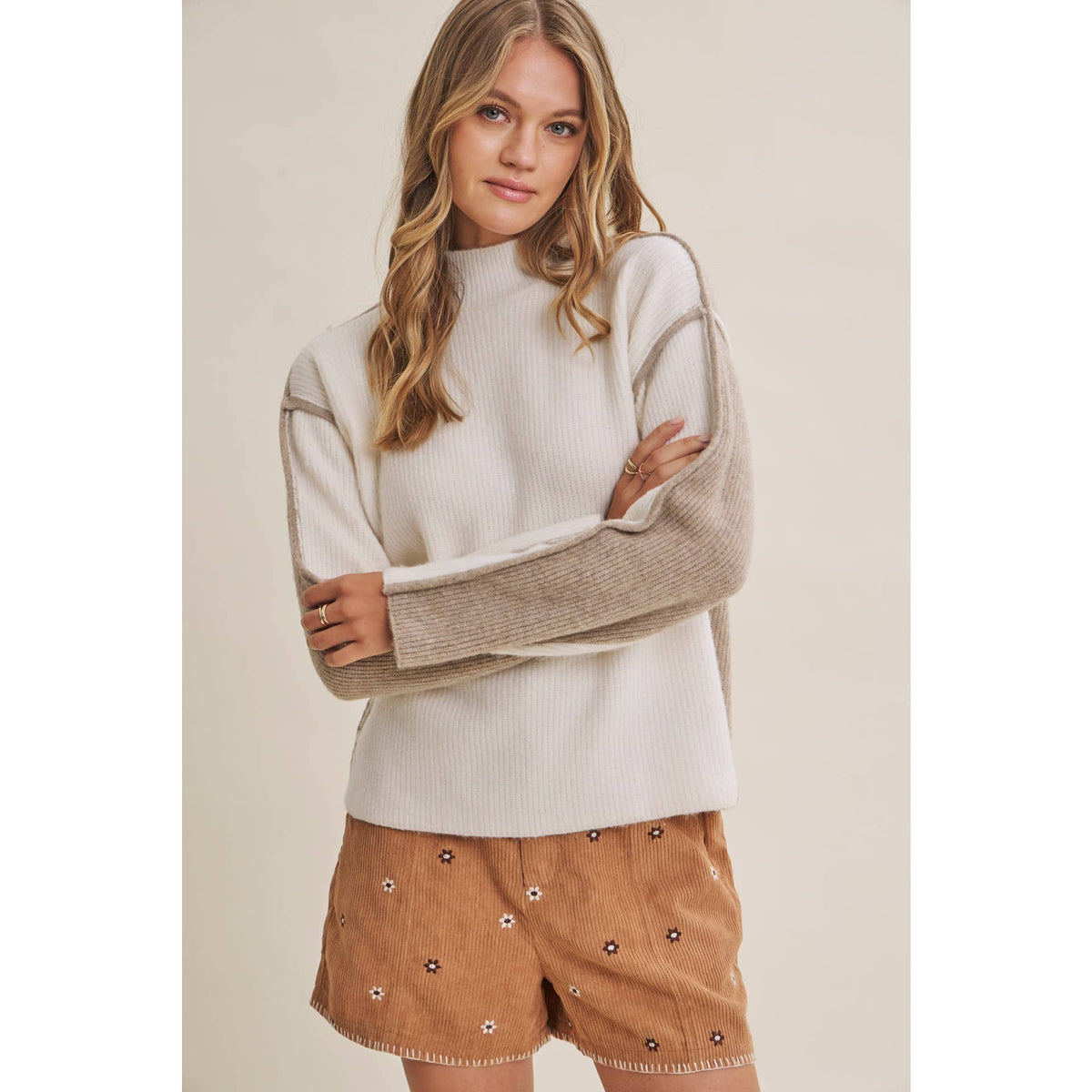 FIRST FROST COLOR BLOCK MOCK NECK WOOL BLEND SWEATER