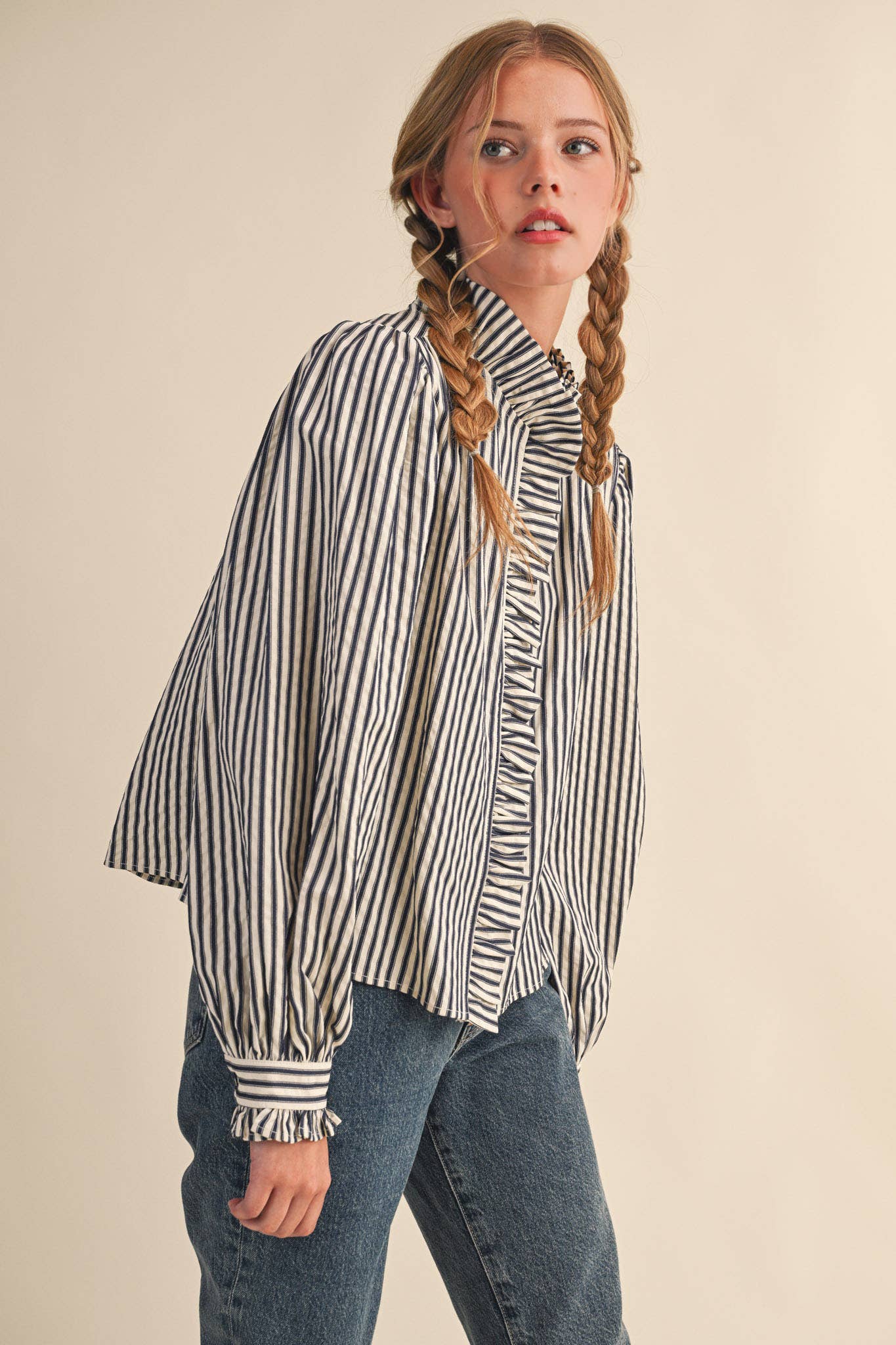STRIPED RUFFLED BUTTON DOWN LONG SLEEVE TOP