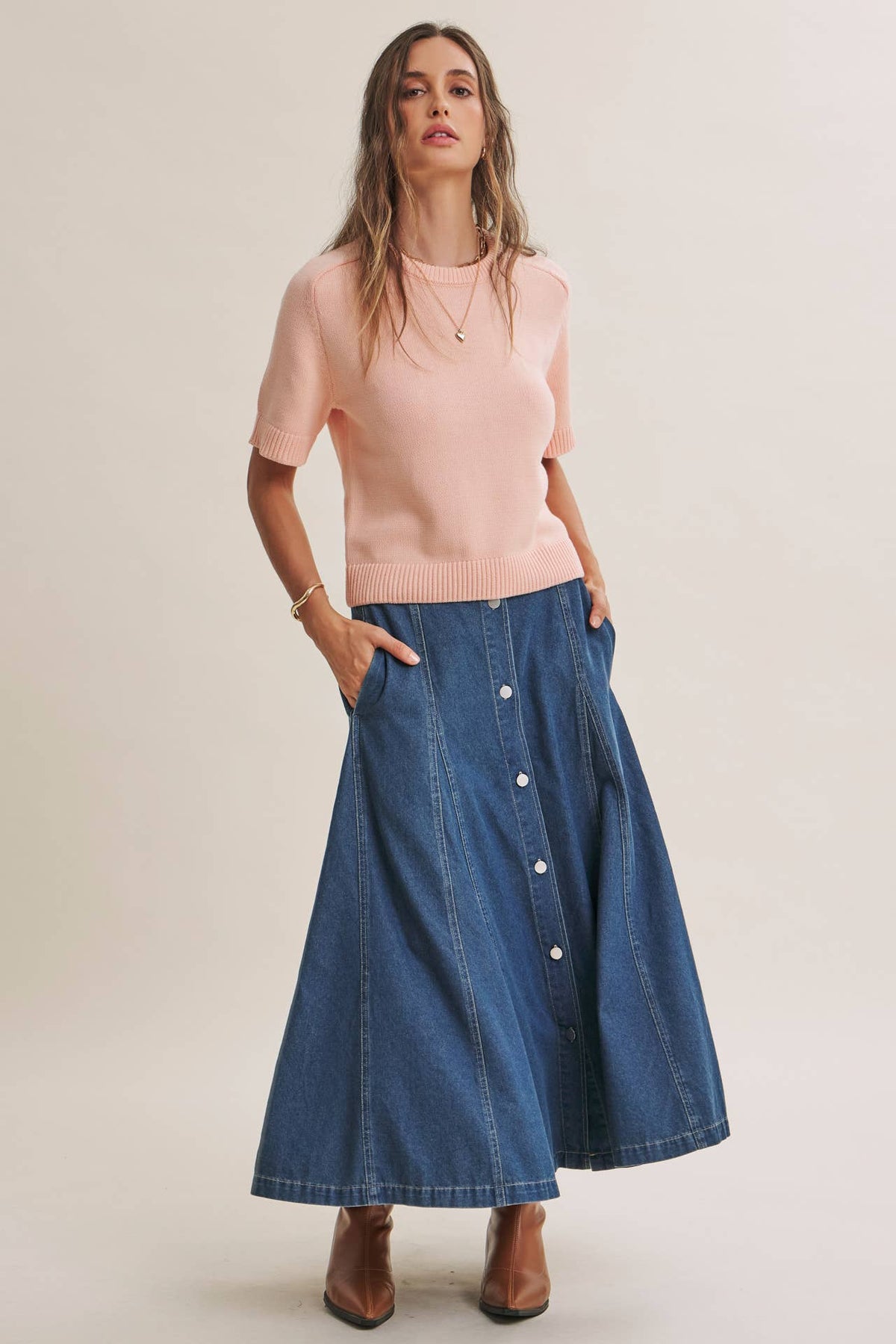 VINTAGE WASH BUTTON-FRONT PANEL DENIM A-LINE MIDI SKIRT