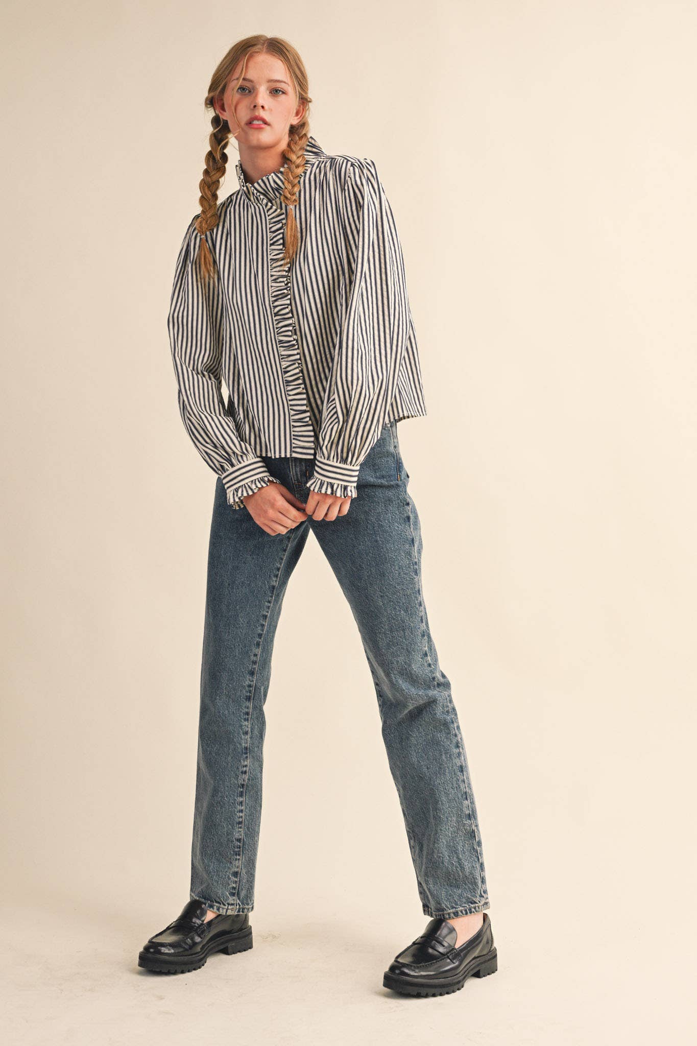 STRIPED RUFFLED BUTTON DOWN LONG SLEEVE TOP