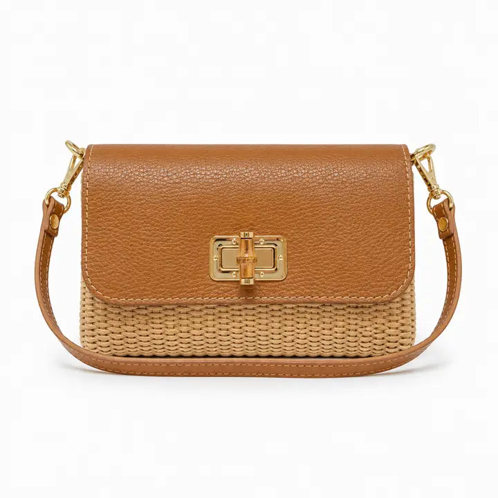 LEATHER BAMBOO CLASP & RAFFIA CROSSBODY BAG