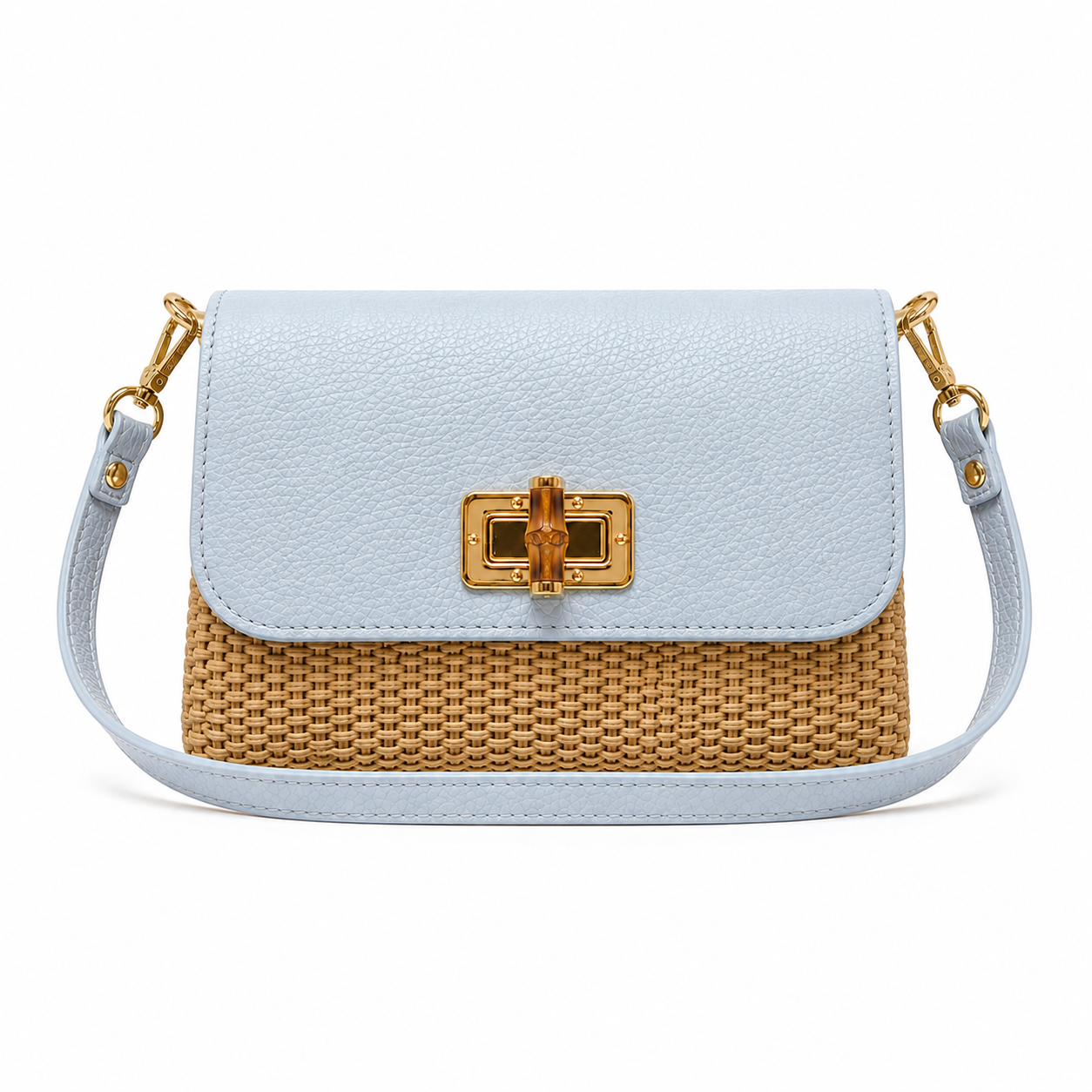 LEATHER BAMBOO CLASP & RAFFIA CROSSBODY BAG
