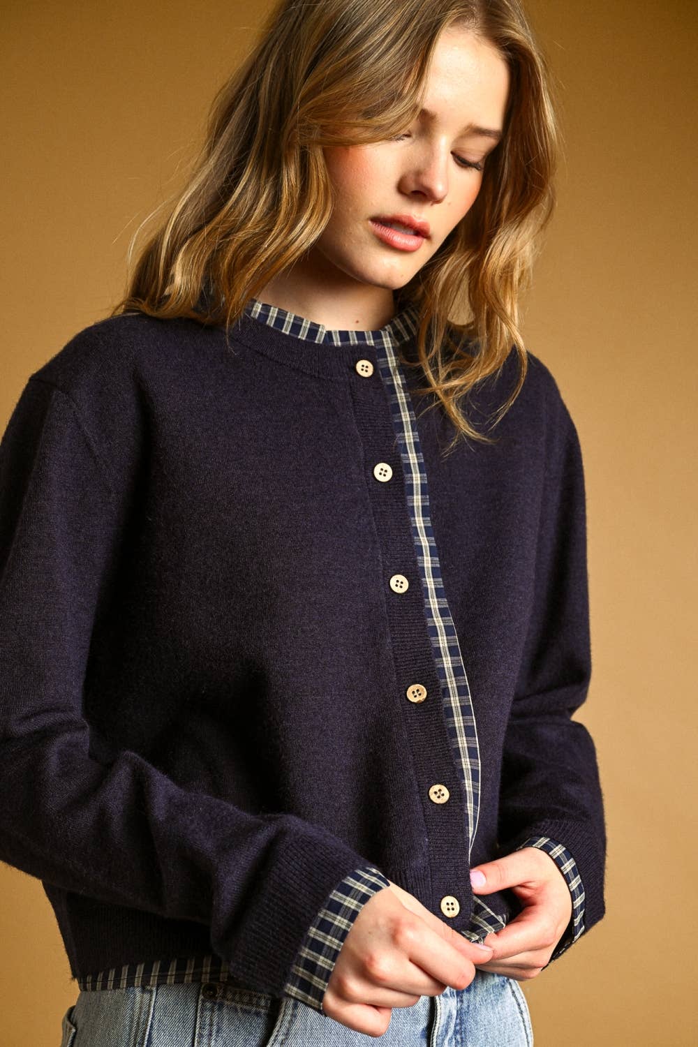 PLAID CONTRASTED BUTTON FRONT CARDIGAN