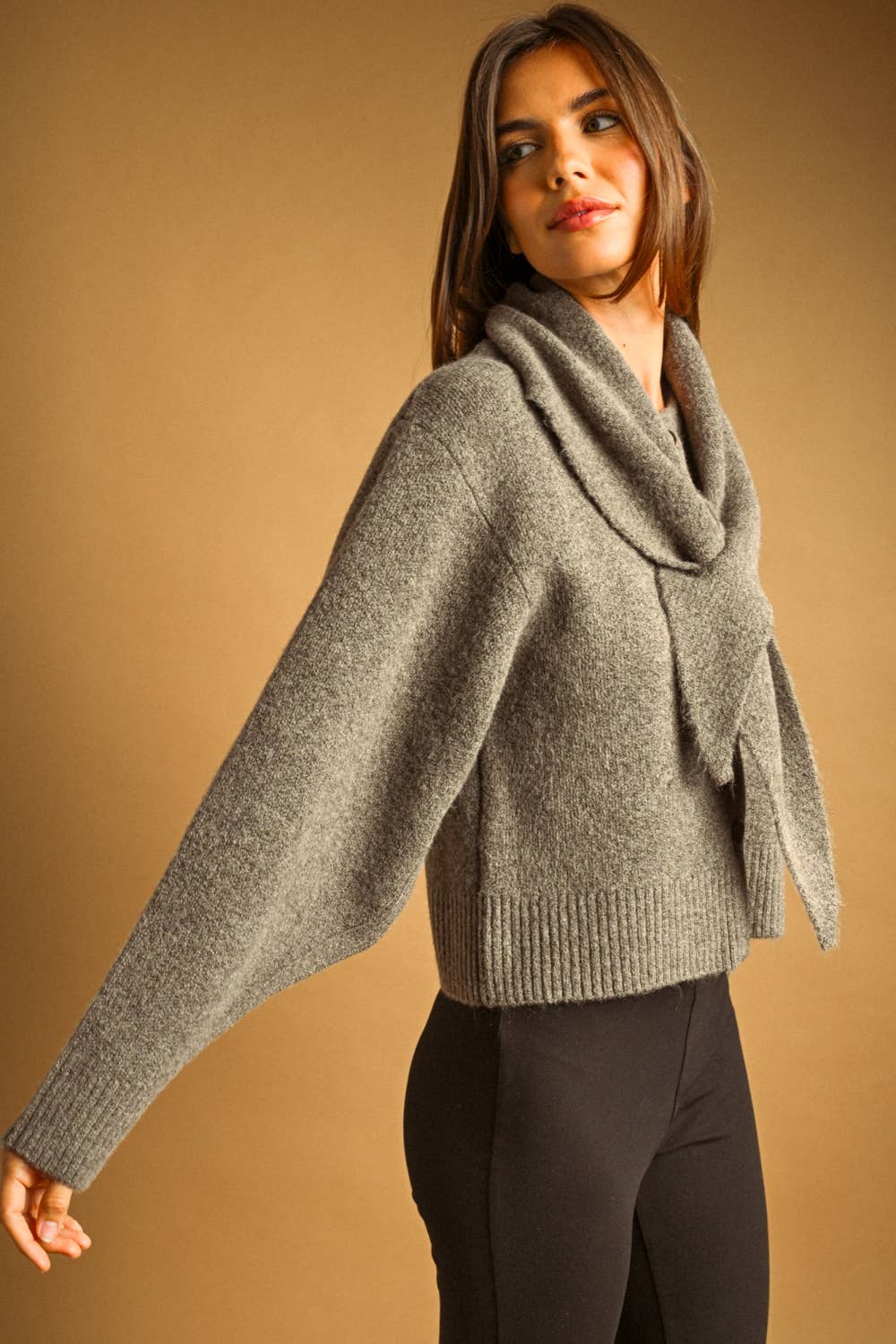 BUTTON FRONT SWEATER JACKET WITH TIED COLLAR