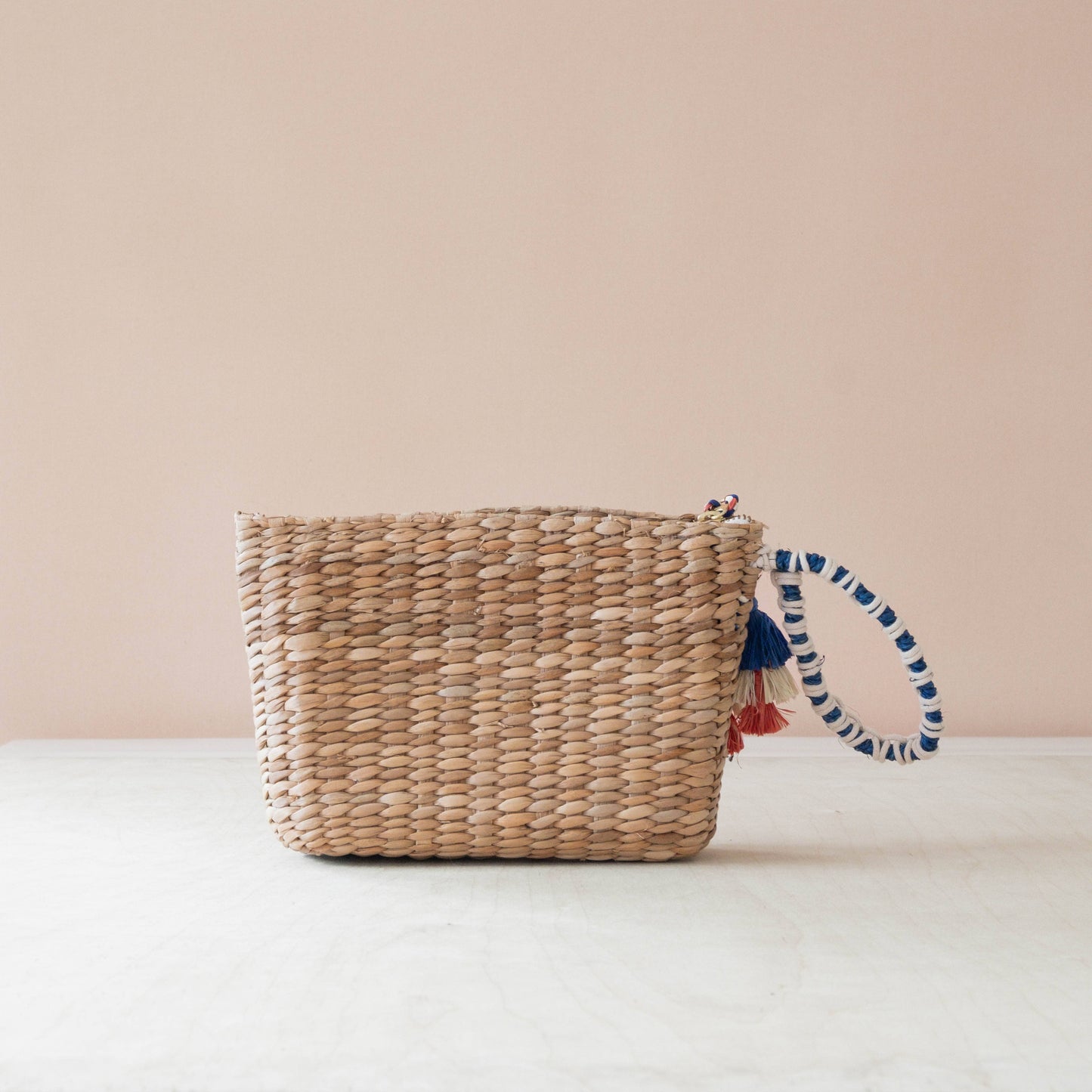 Mini Woven Pouch with Wristlet and Embroidered Bonjour